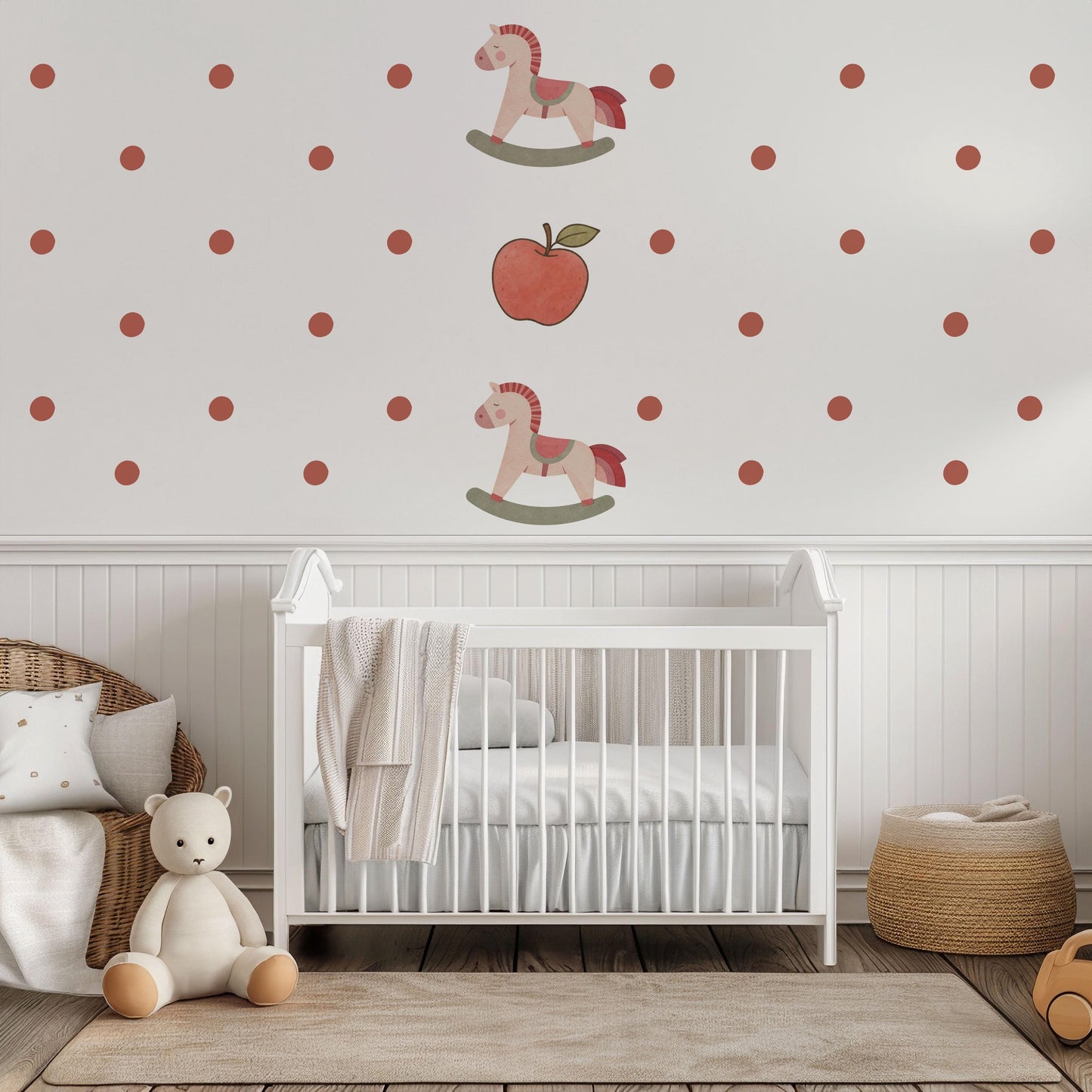 Polka Dot Wall Stickers, Boho Nursery Decor, Rust Red Rocking Horse Wall Decals, Neutral Kids Room Baby Nursery Peel and Stick Wall Art