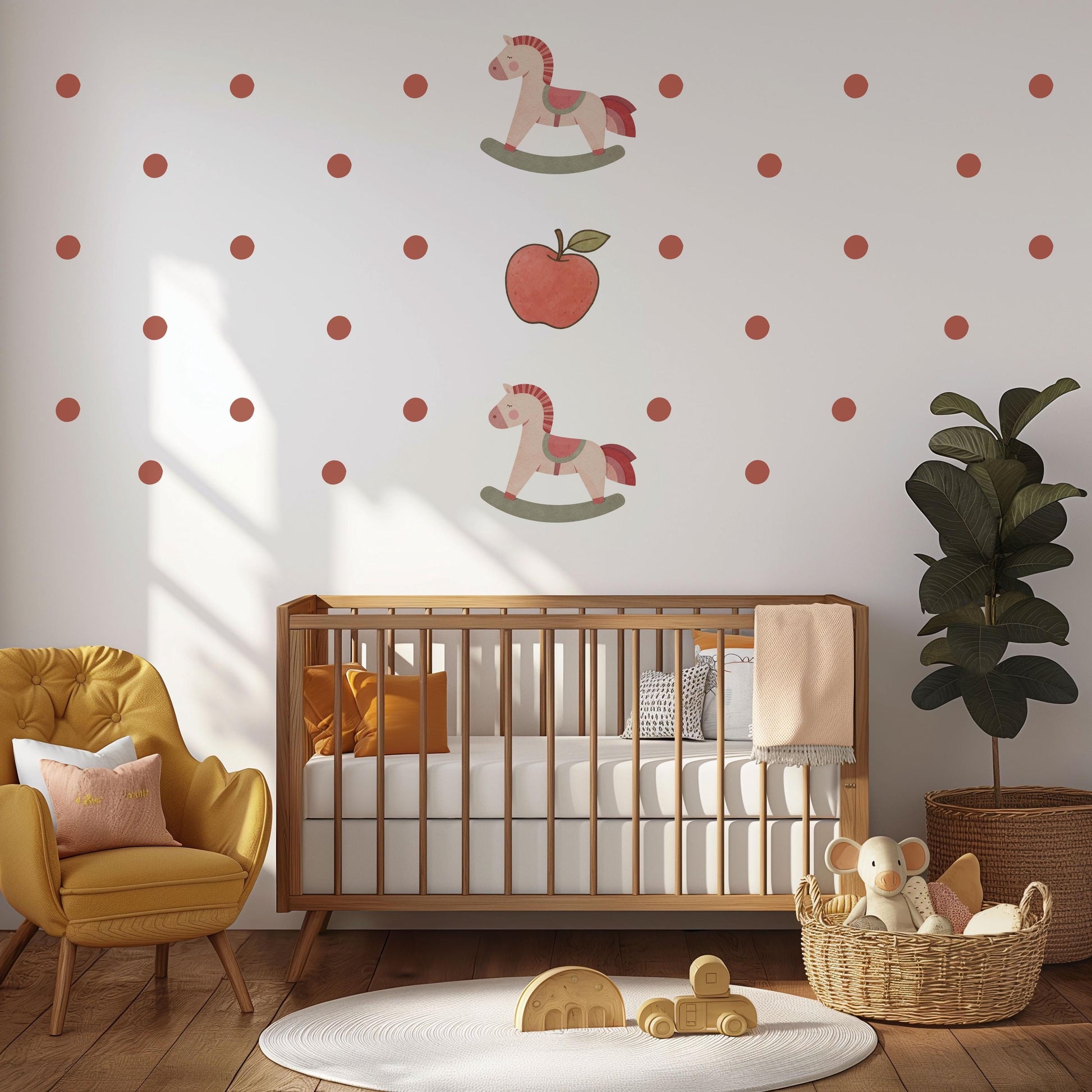 Polka Dot Wall Stickers, Boho Nursery Decor, Rust Red Rocking Horse Wall Decals, Neutral Kids Room Baby Nursery Peel and Stick Wall Art