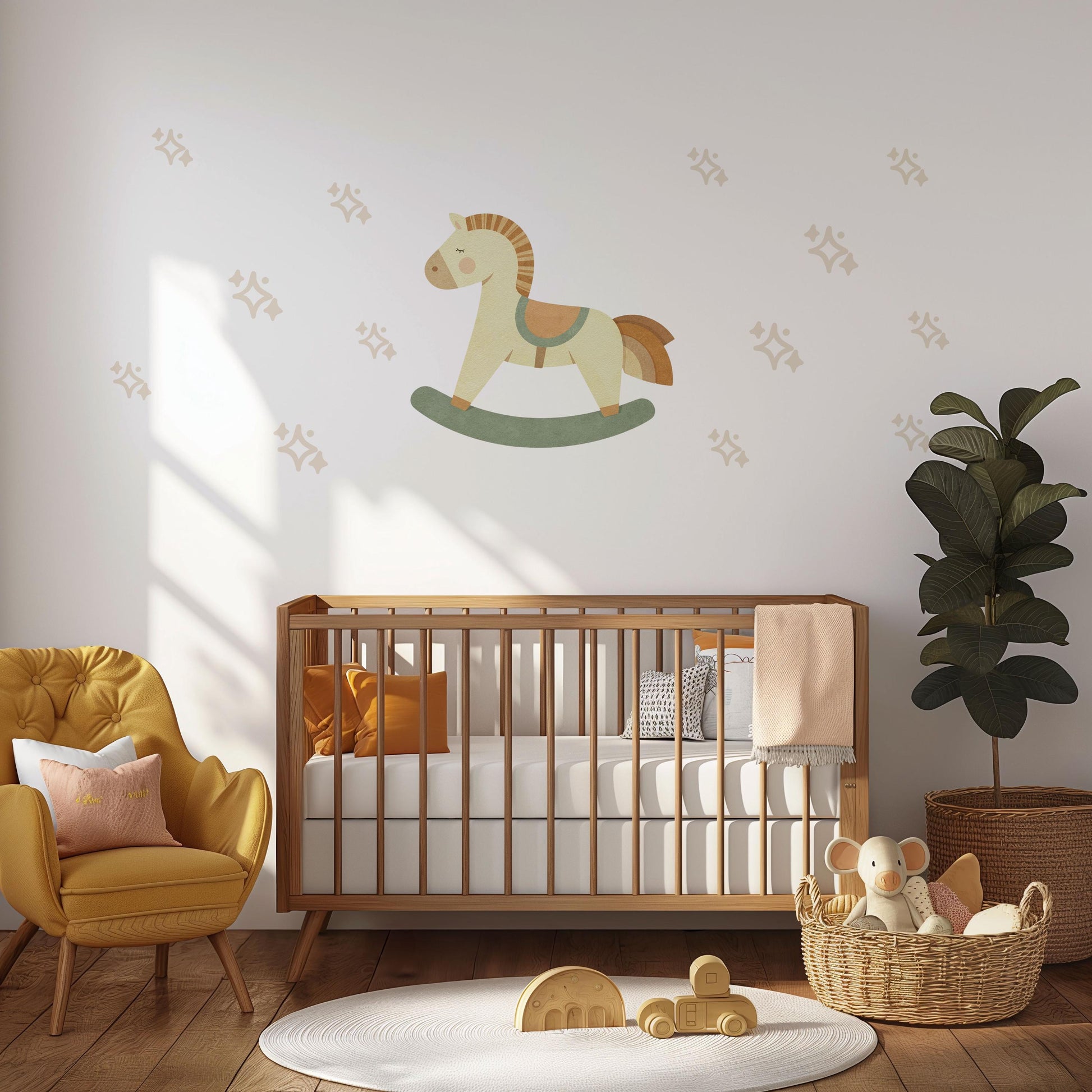 Star Wall Stickers, Boho Nursery Decor, Rocking Horse Wall Decals, Neutral Star Kids Room Baby Nursery Peel and Stick Wall Art