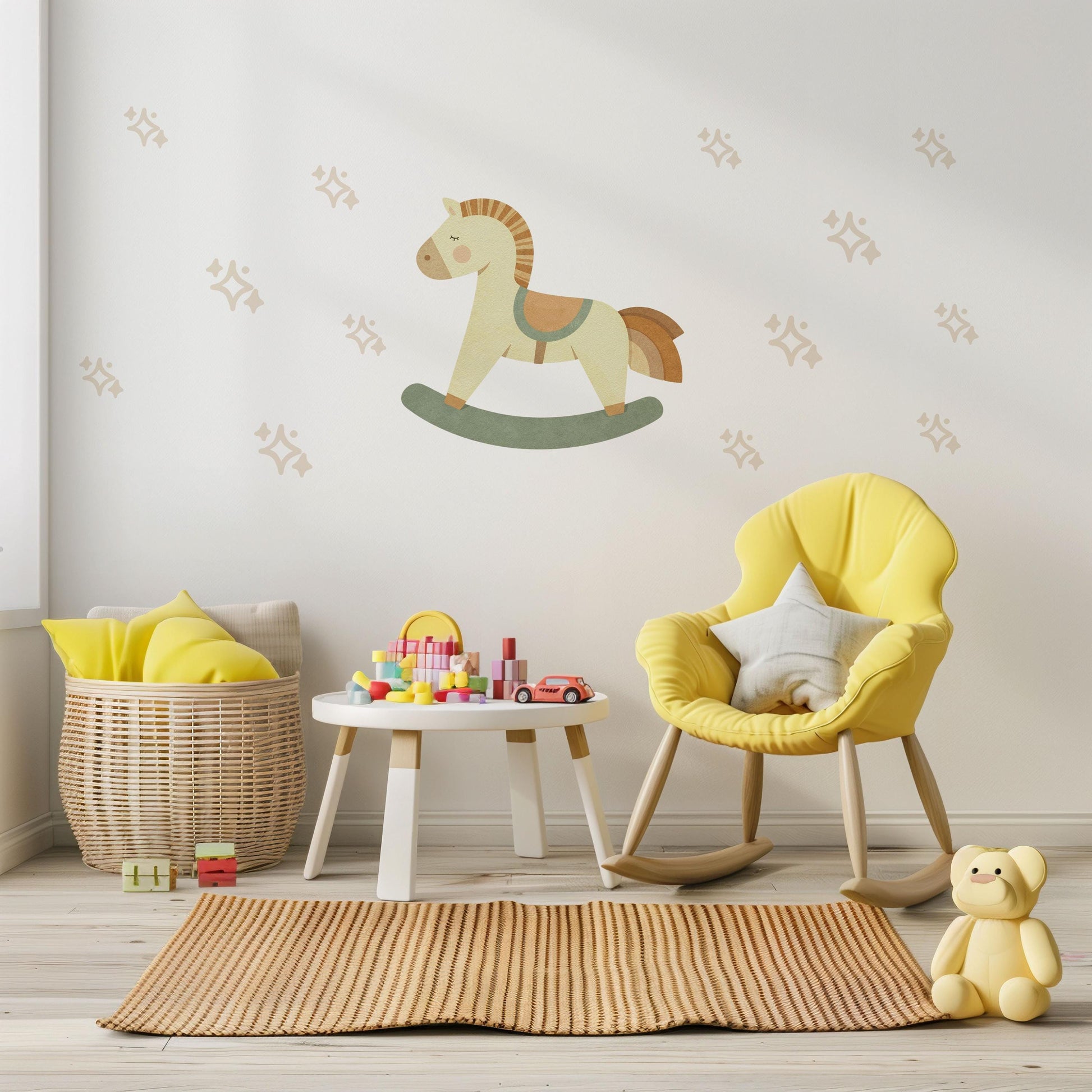 Star Wall Stickers, Boho Nursery Decor, Rocking Horse Wall Decals, Neutral Star Kids Room Baby Nursery Peel and Stick Wall Art