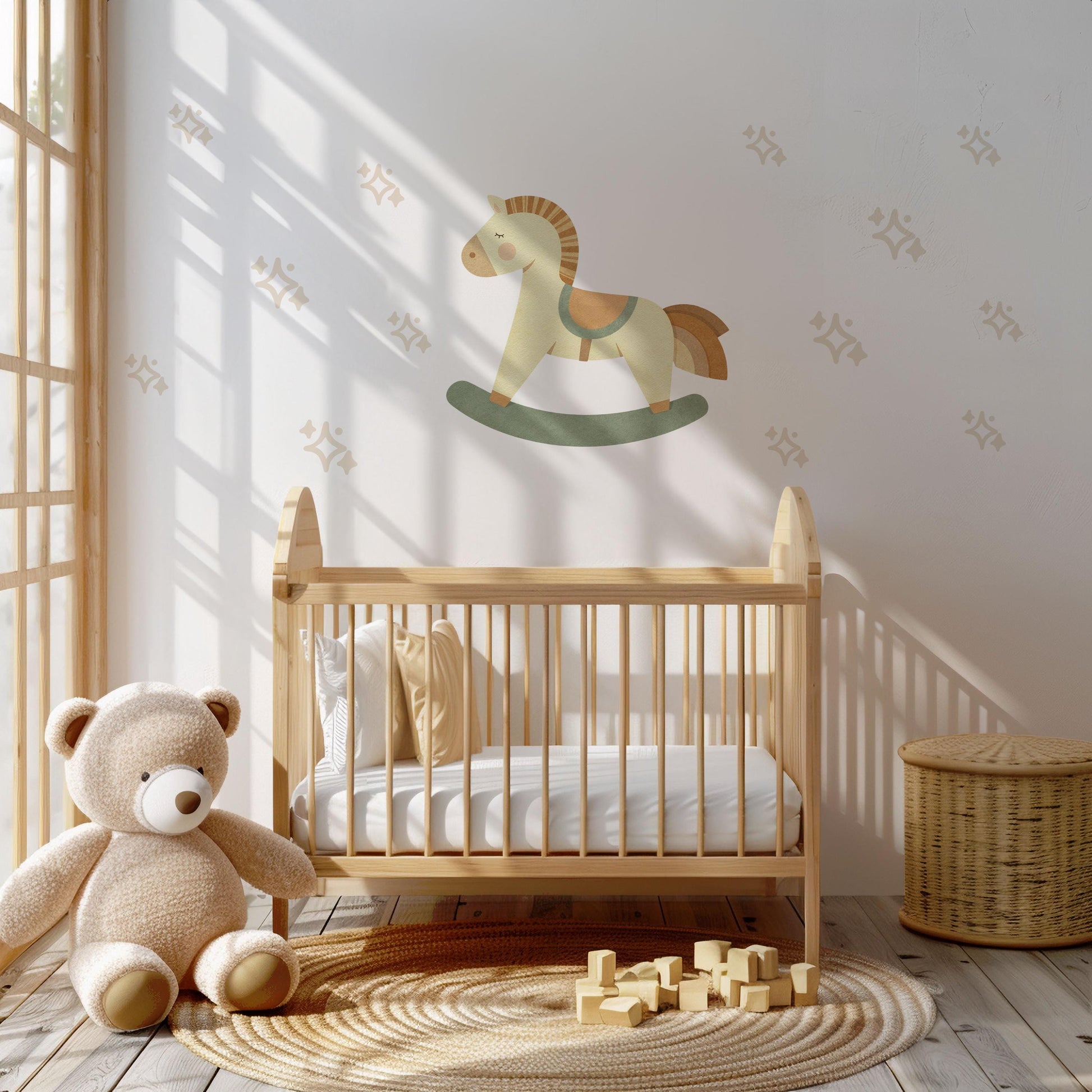 Star Wall Stickers, Boho Nursery Decor, Rocking Horse Wall Decals, Neutral Star Kids Room Baby Nursery Peel and Stick Wall Art