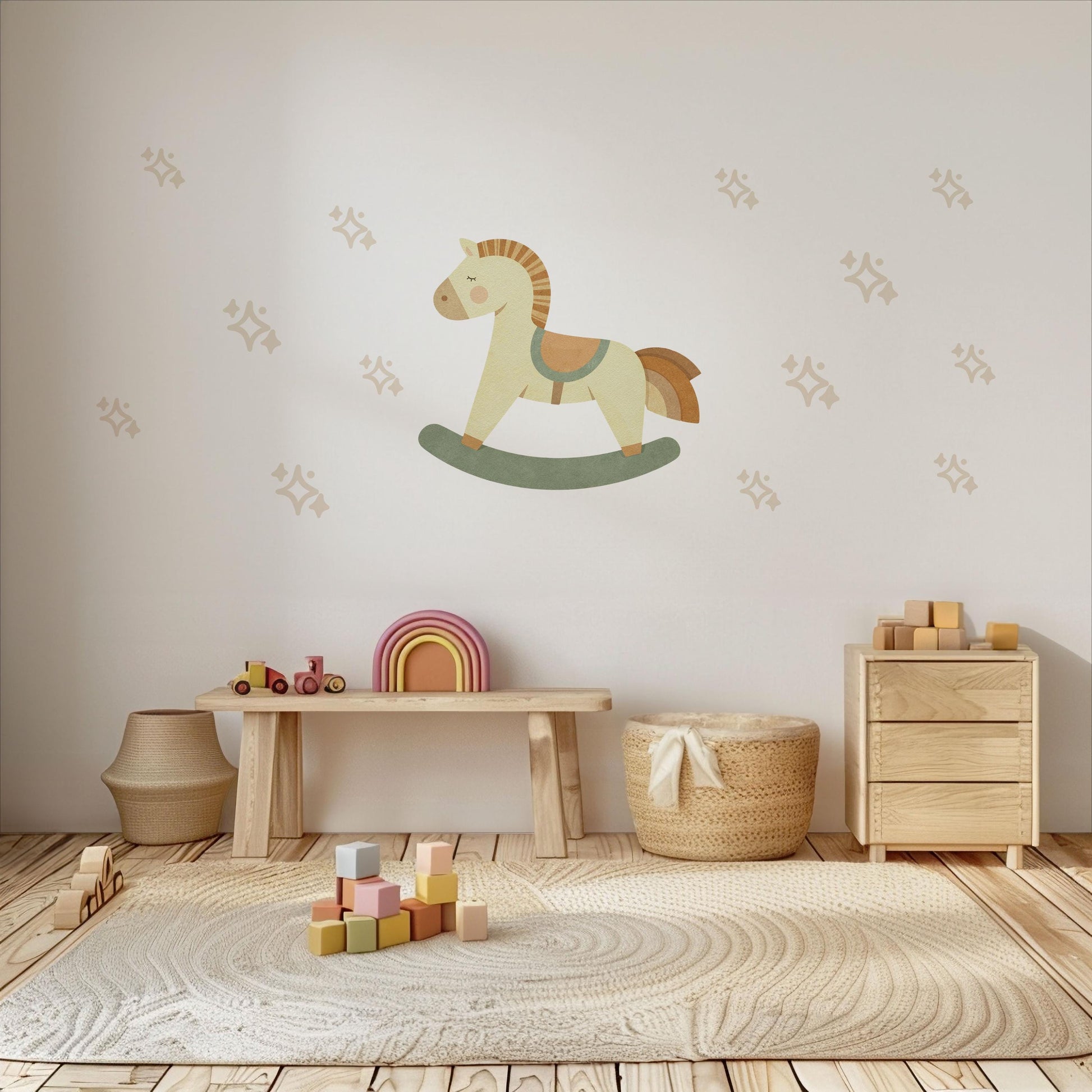 Star Wall Stickers, Boho Nursery Decor, Rocking Horse Wall Decals, Neutral Star Kids Room Baby Nursery Peel and Stick Wall Art