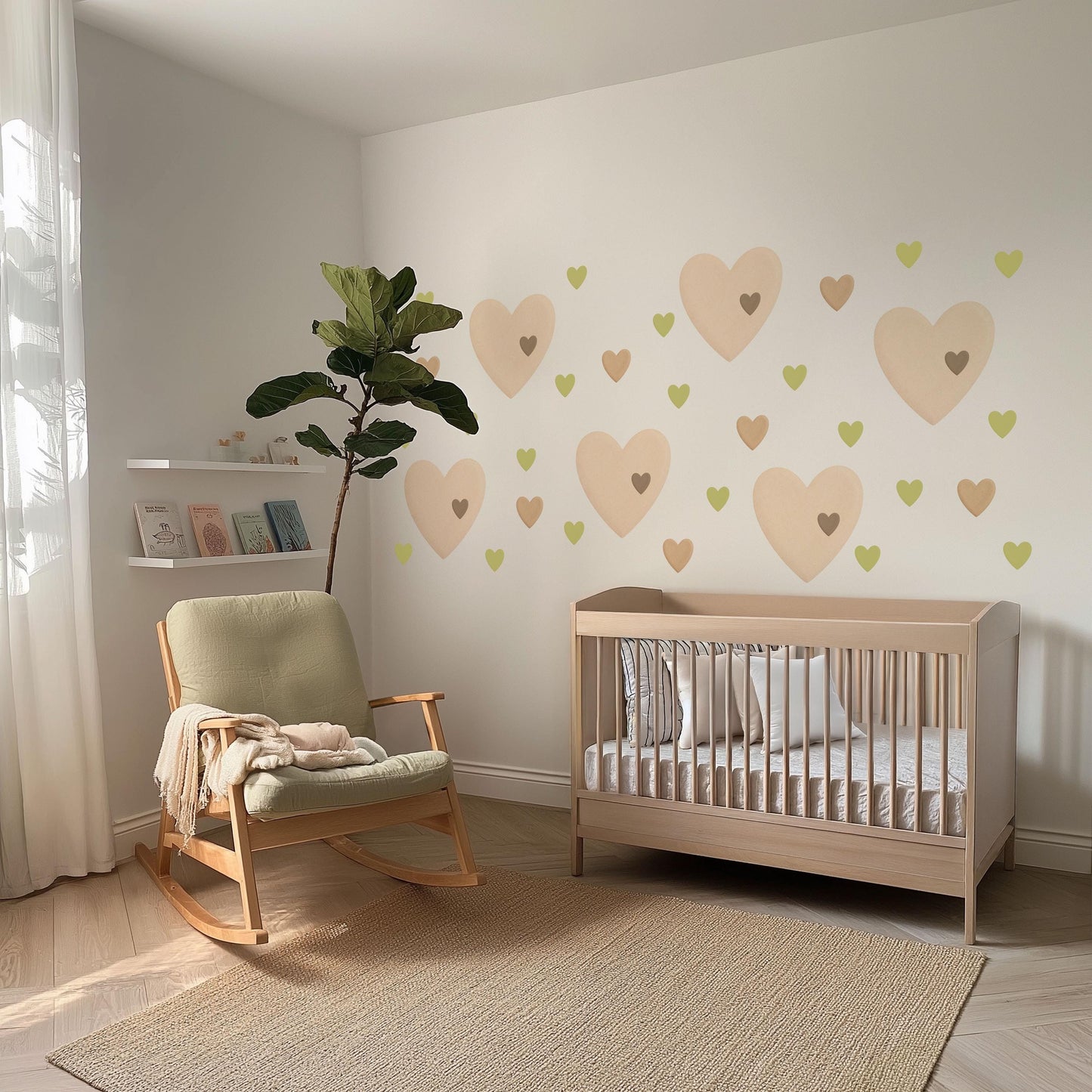 Heart Wall Stickers, Boho Nursery Decor, Sage Green Neutral Heart Wall Decals, Kids Room Baby Nursery Peel and Stick Wall Art