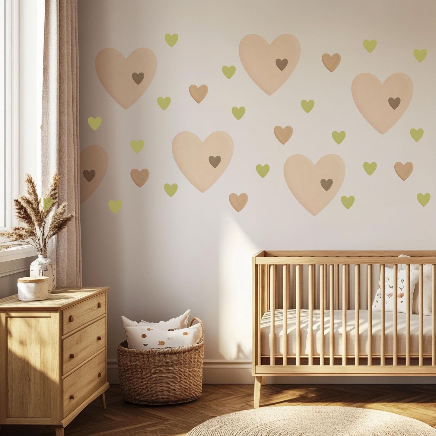 Heart Wall Stickers, Boho Nursery Decor, Sage Green Neutral Heart Wall Decals, Kids Room Baby Nursery Peel and Stick Wall Art