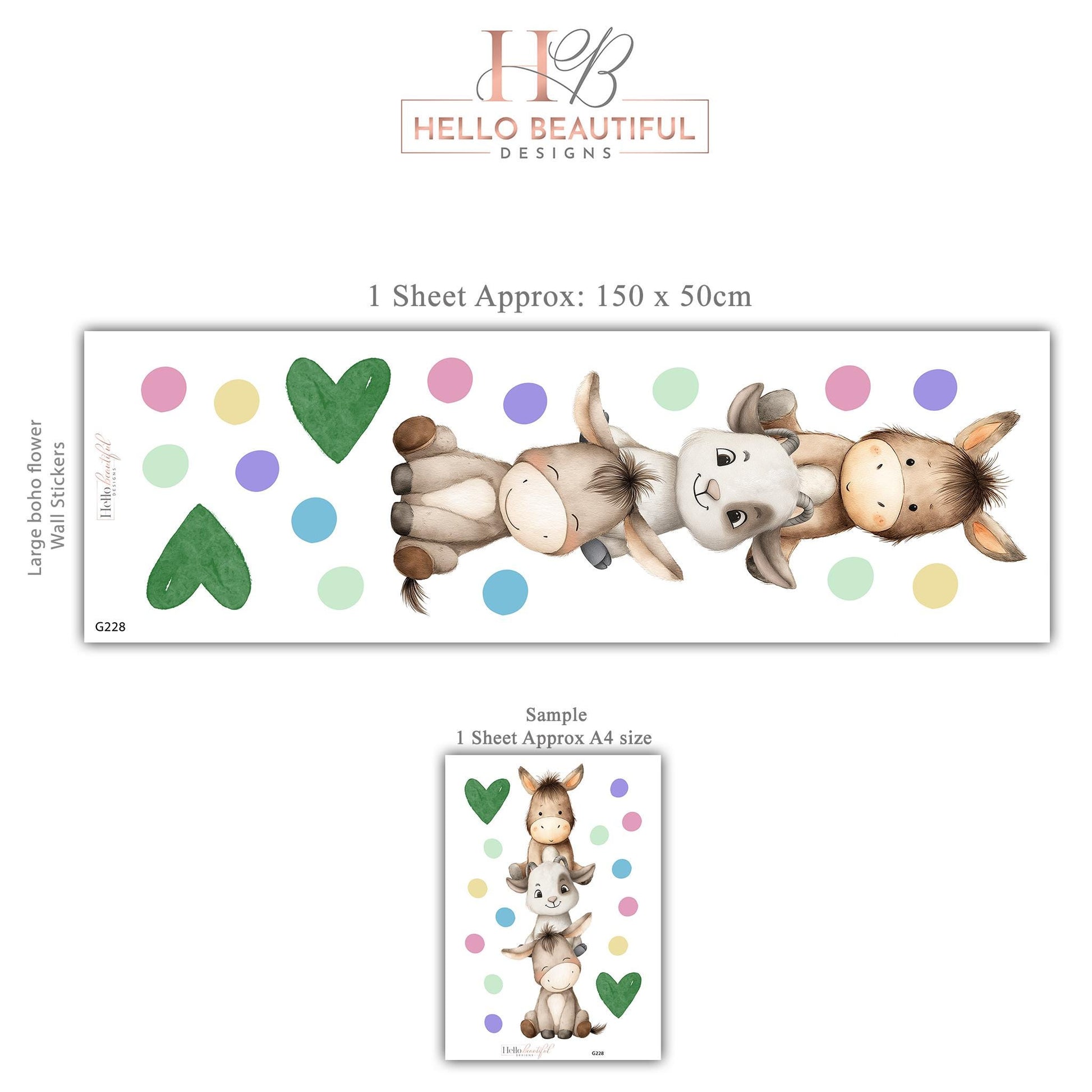 Farm Animal Wall Stickers, Baby Animal Nursery Decor, Donkey Goat Polka Dot Wall Decals, Neutral Kids Room Playroom Peel and Stick Art
