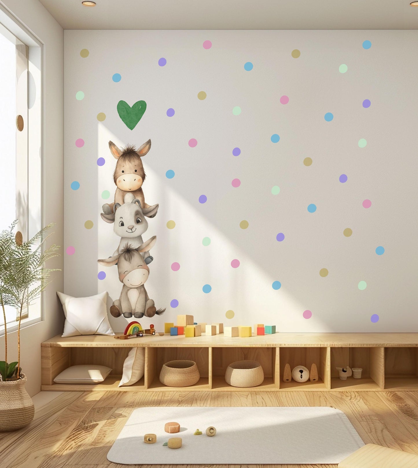 Farm Animal Wall Stickers, Baby Animal Nursery Decor, Donkey Goat Polka Dot Wall Decals, Neutral Kids Room Playroom Peel and Stick Art
