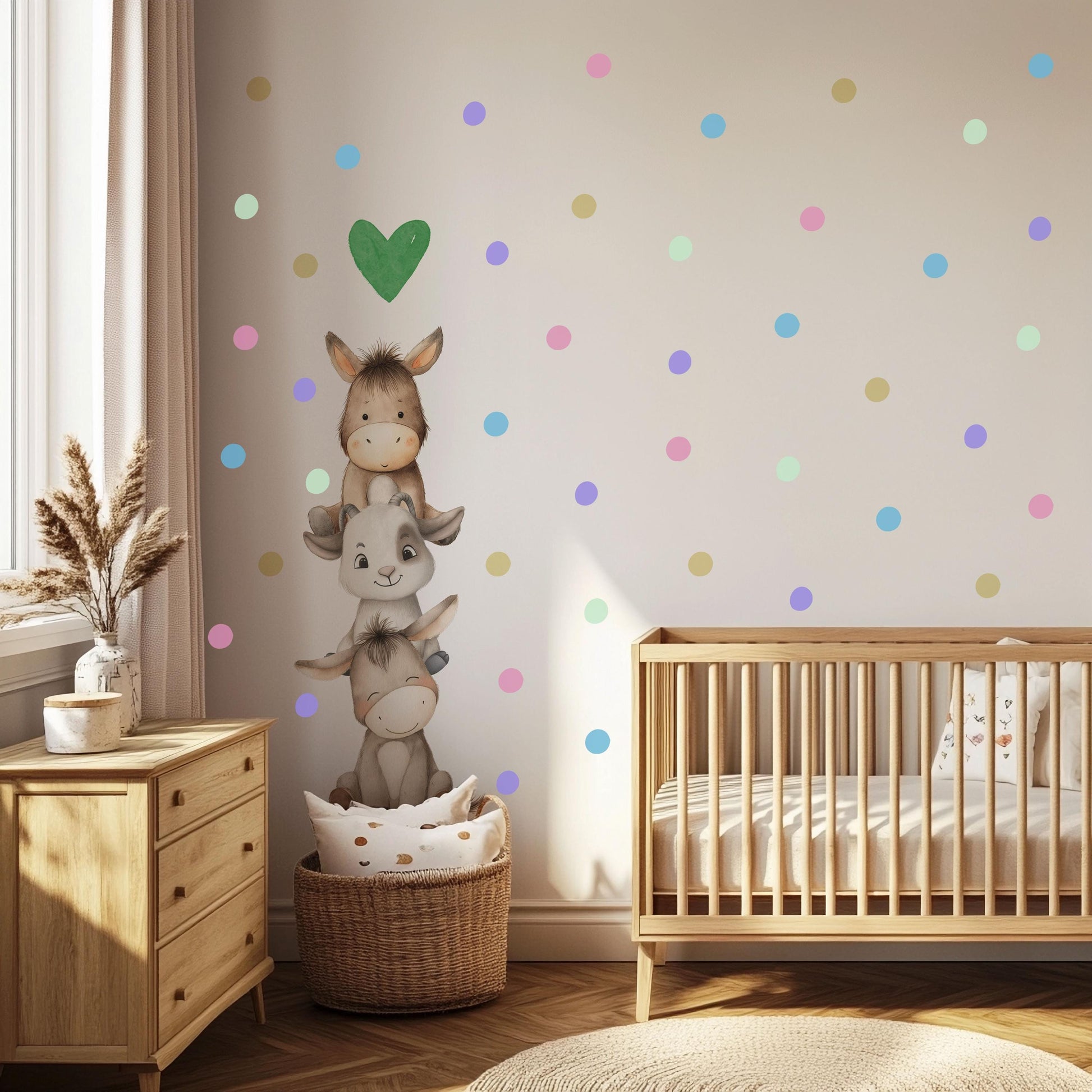 Farm Animal Wall Stickers, Baby Animal Nursery Decor, Donkey Goat Polka Dot Wall Decals, Neutral Kids Room Playroom Peel and Stick Art