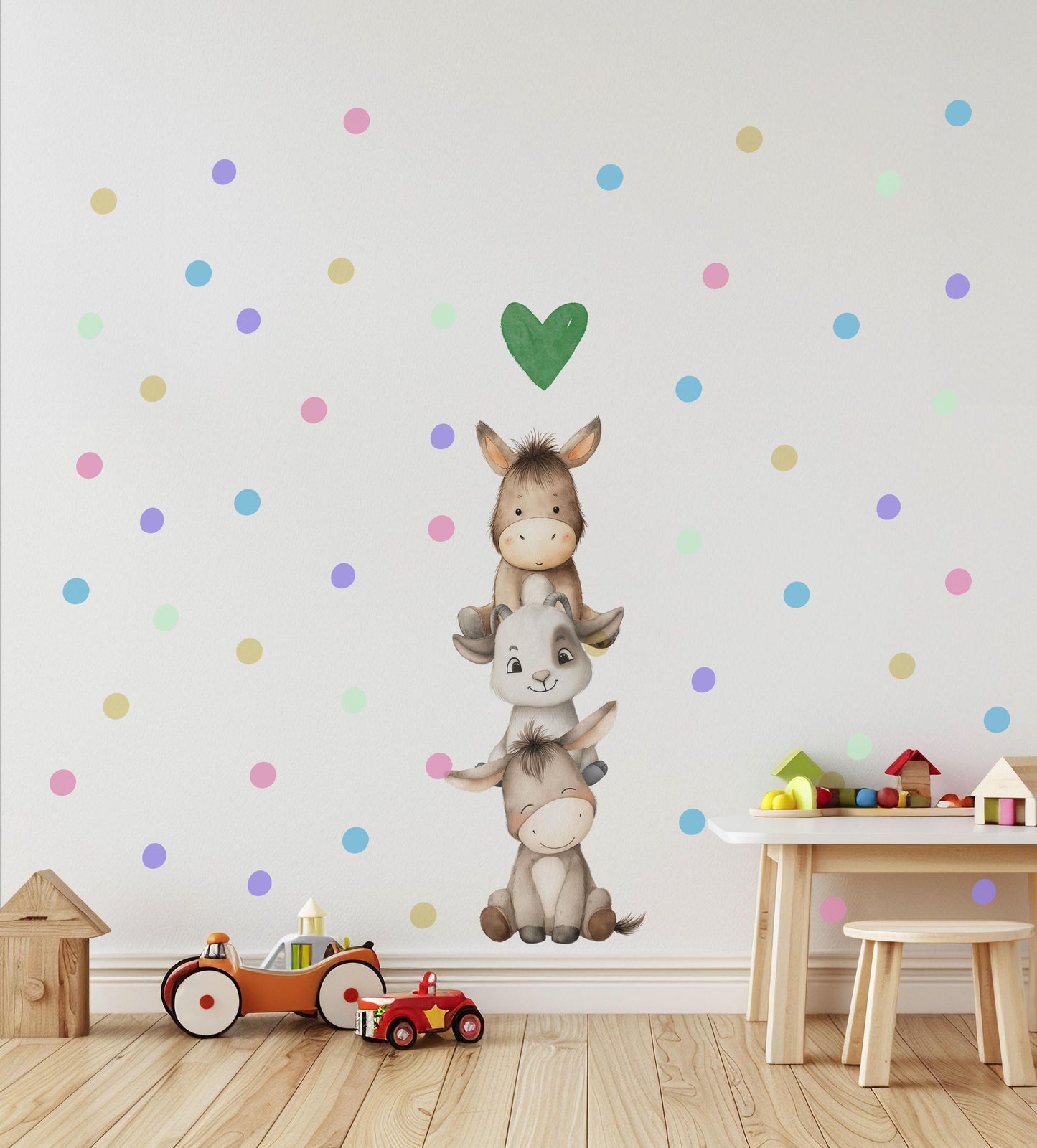 Farm Animal Wall Stickers, Baby Animal Nursery Decor, Donkey Goat Polka Dot Wall Decals, Neutral Kids Room Playroom Peel and Stick Art