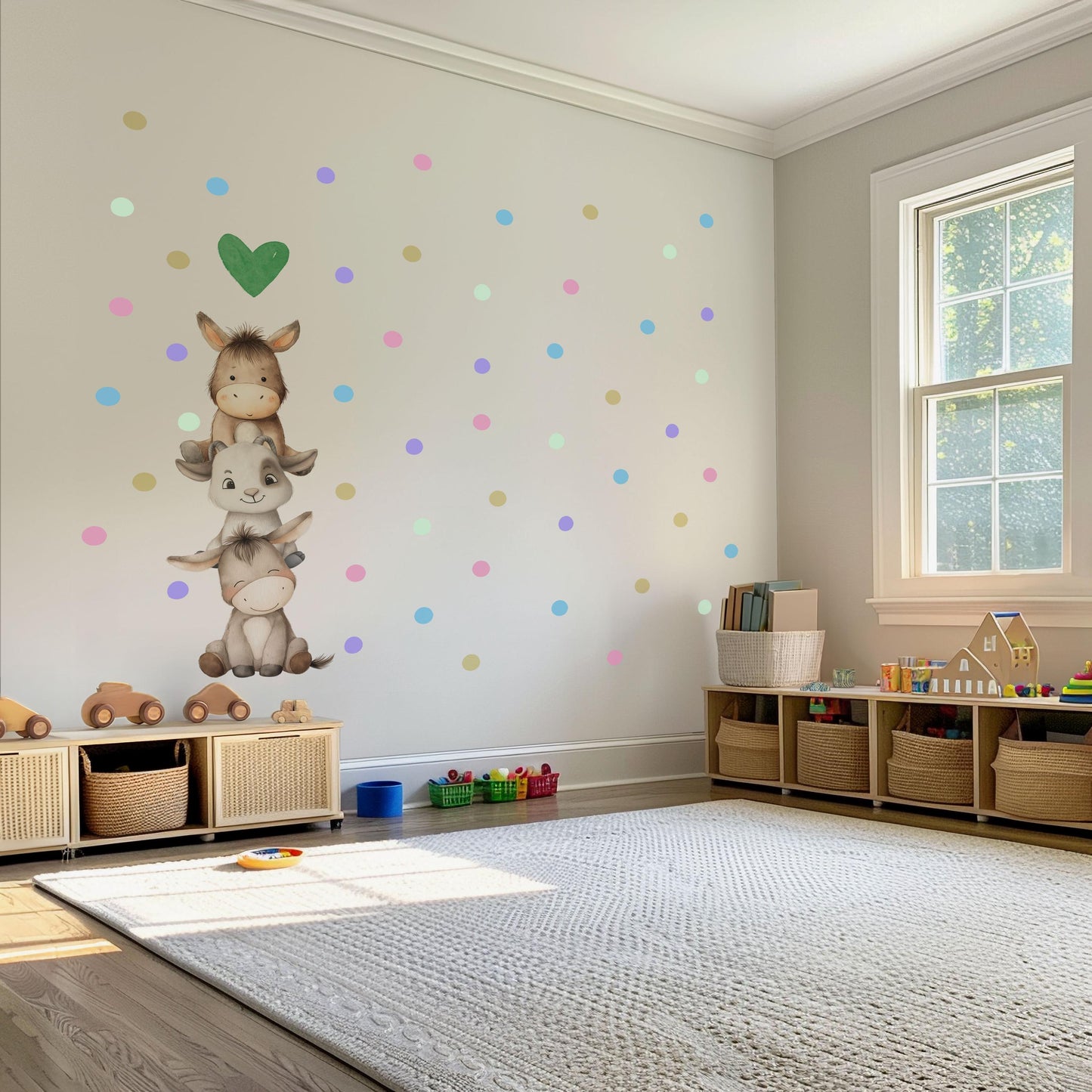 Farm Animal Wall Stickers, Baby Animal Nursery Decor, Donkey Goat Polka Dot Wall Decals, Neutral Kids Room Playroom Peel and Stick Art