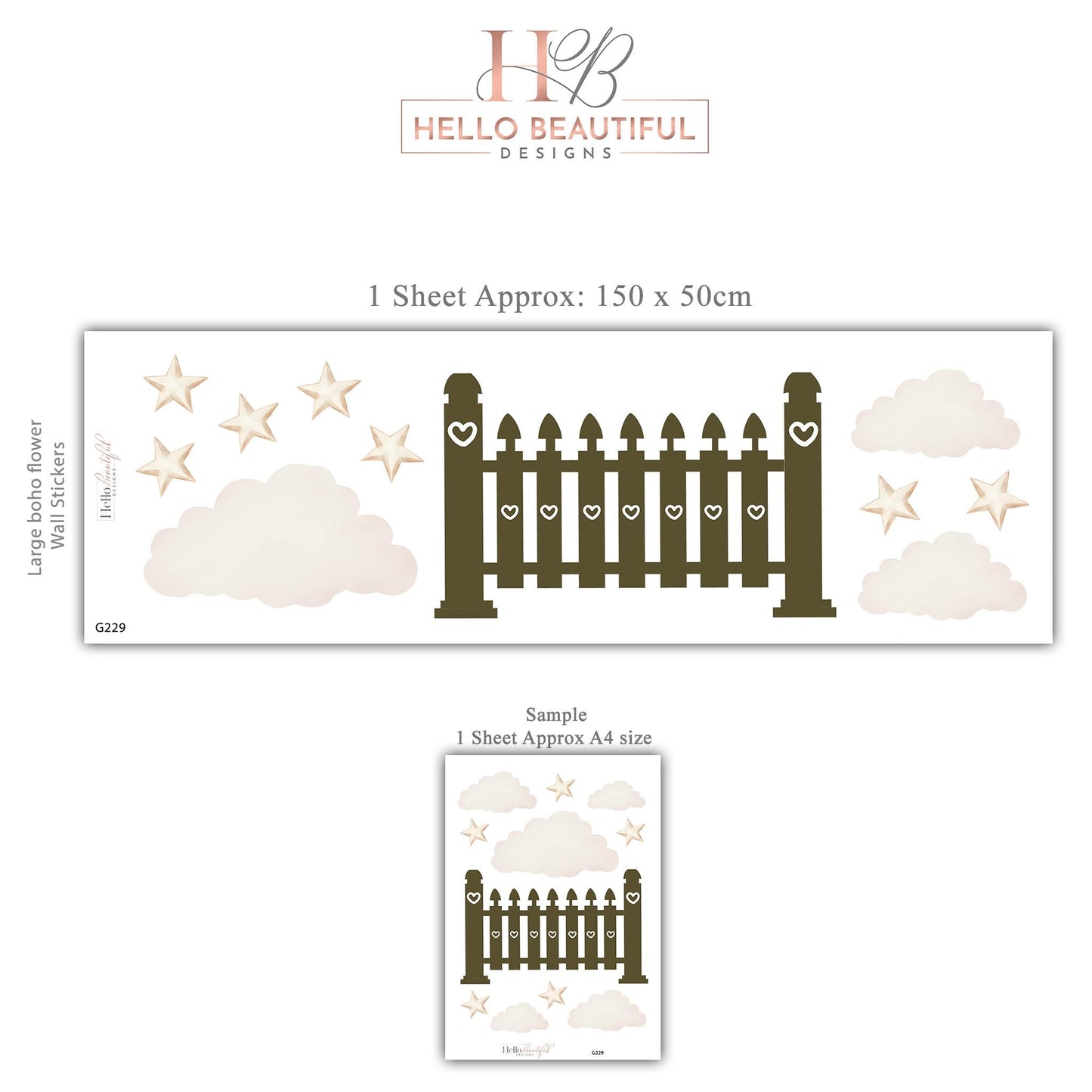 Cloud Wall Stickers, Star Nursery Decor, Neutral Fence Cloud Star Wall Decals, Gender Neutral Boho Kids Room Peel and Stick Wall Art