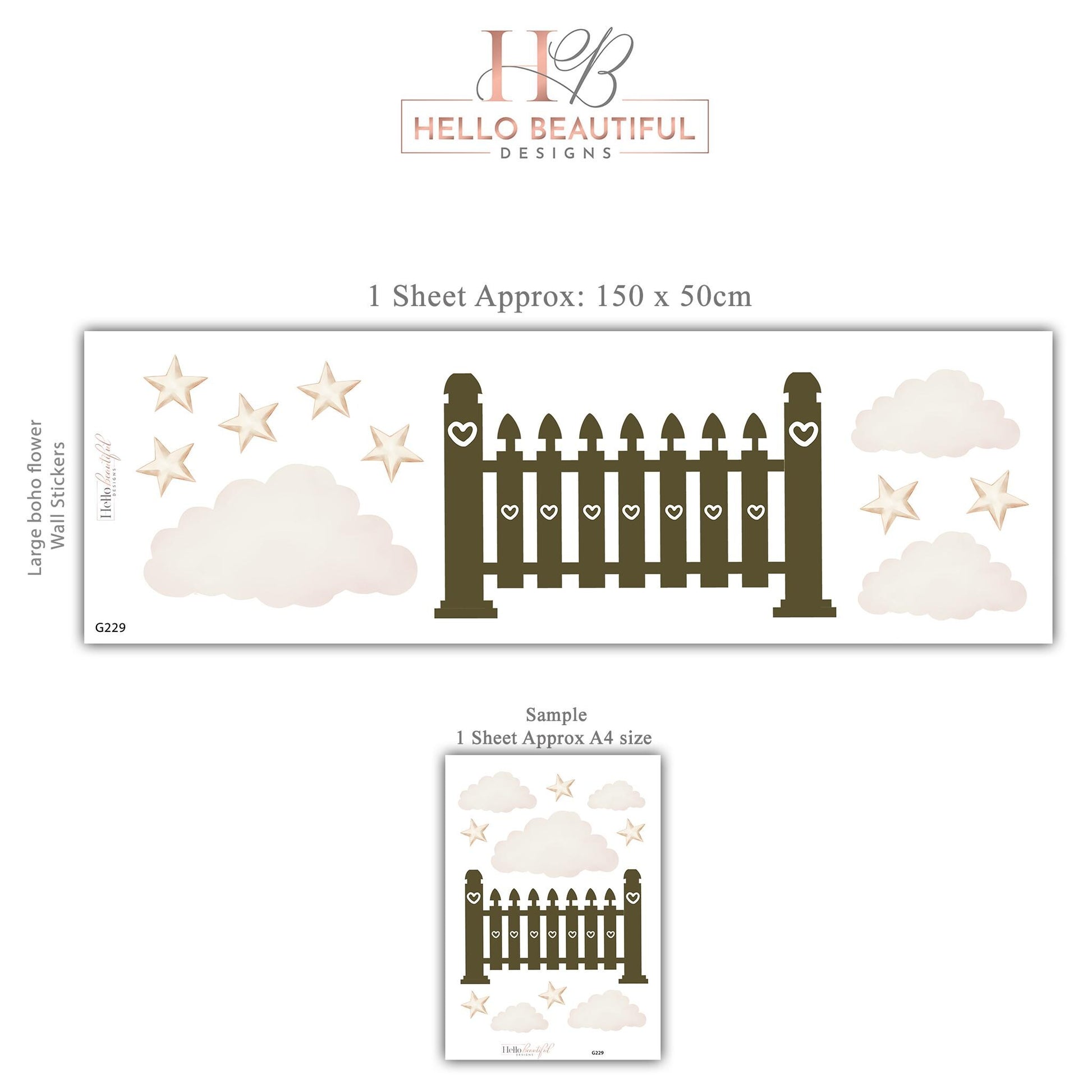 Cloud Wall Stickers, Star Nursery Decor, Neutral Fence Cloud Star Wall Decals, Gender Neutral Boho Kids Room Peel and Stick Wall Art