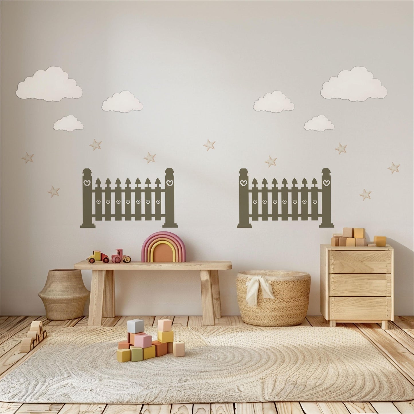 Cloud Wall Stickers, Star Nursery Decor, Neutral Fence Cloud Star Wall Decals, Gender Neutral Boho Kids Room Peel and Stick Wall Art
