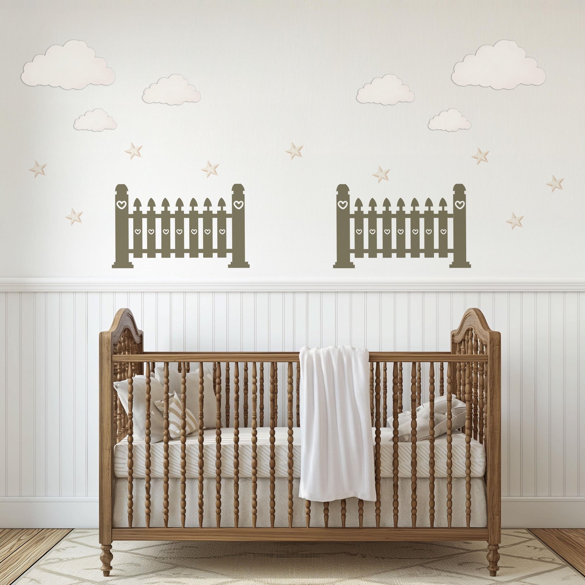 Cloud Wall Stickers, Star Nursery Decor, Neutral Fence Cloud Star Wall Decals, Gender Neutral Boho Kids Room Peel and Stick Wall Art