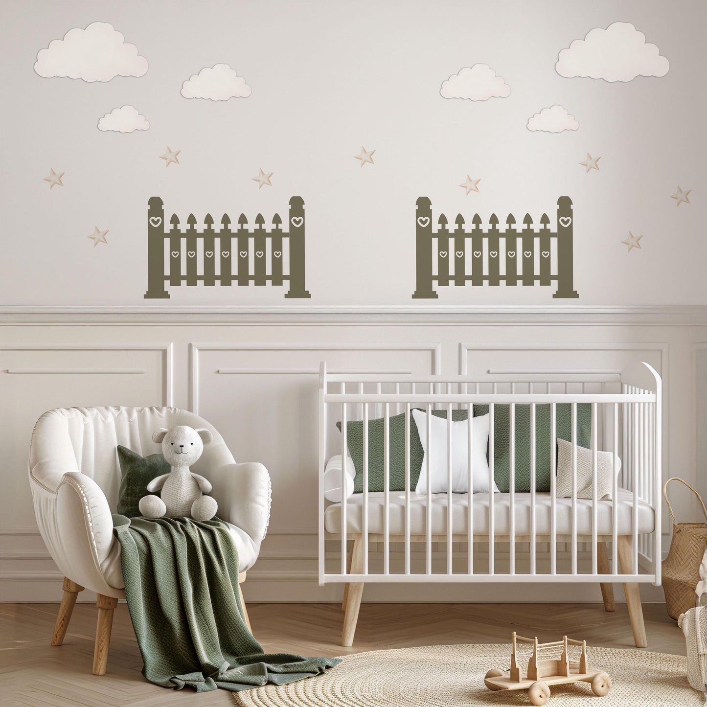 Cloud Wall Stickers, Star Nursery Decor, Neutral Fence Cloud Star Wall Decals, Gender Neutral Boho Kids Room Peel and Stick Wall Art