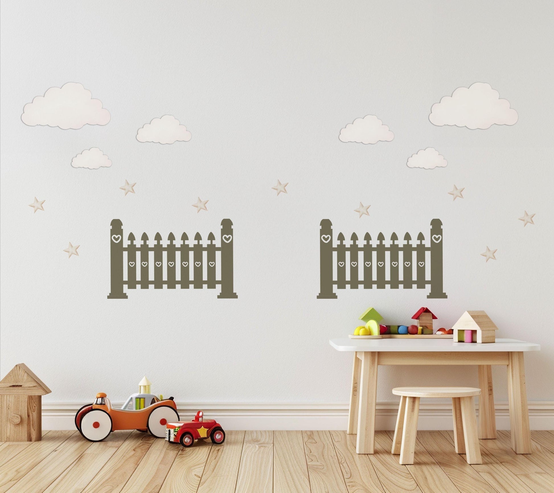 Cloud Wall Stickers, Star Nursery Decor, Neutral Fence Cloud Star Wall Decals, Gender Neutral Boho Kids Room Peel and Stick Wall Art
