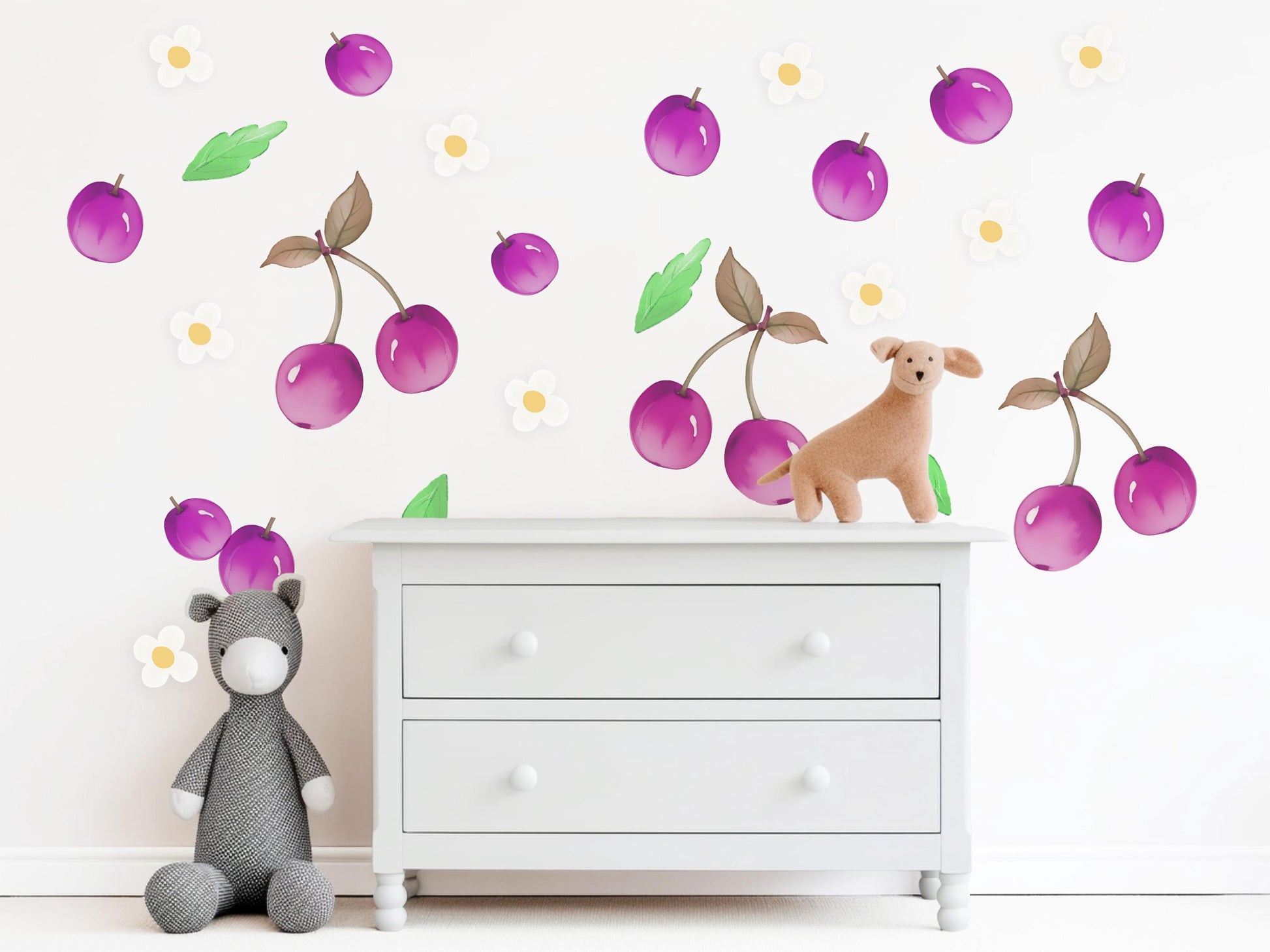 Cherry Wall Stickers, Girls Nursery Decor, Purple Cherry Daisy Fruit Wall Decals, Kids Bedroom Playroom Peel and Stick Wall Art