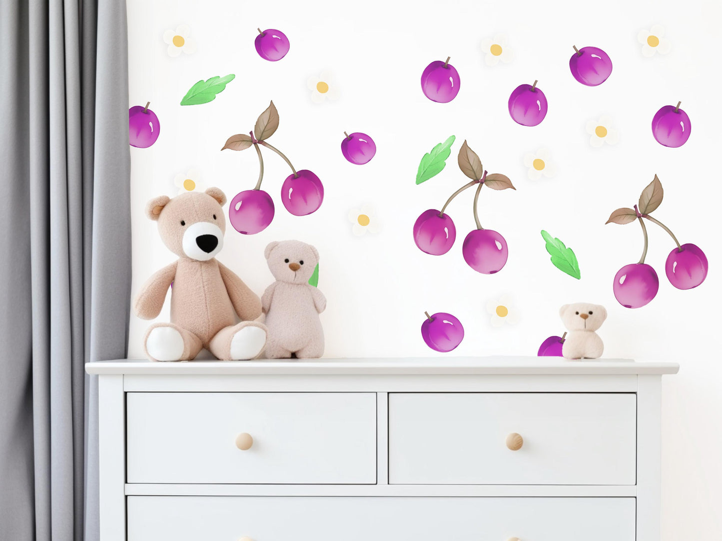 Cherry Wall Stickers, Girls Nursery Decor, Purple Cherry Daisy Fruit Wall Decals, Kids Bedroom Playroom Peel and Stick Wall Art