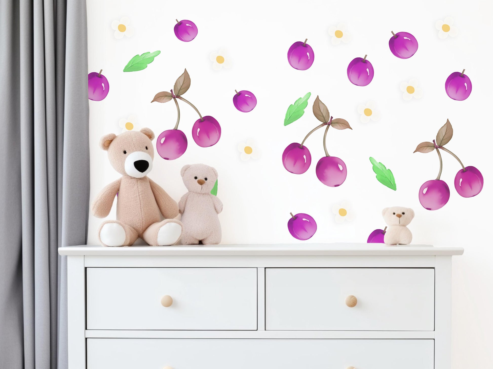 Cherry Wall Stickers, Girls Nursery Decor, Purple Cherry Daisy Fruit Wall Decals, Kids Bedroom Playroom Peel and Stick Wall Art