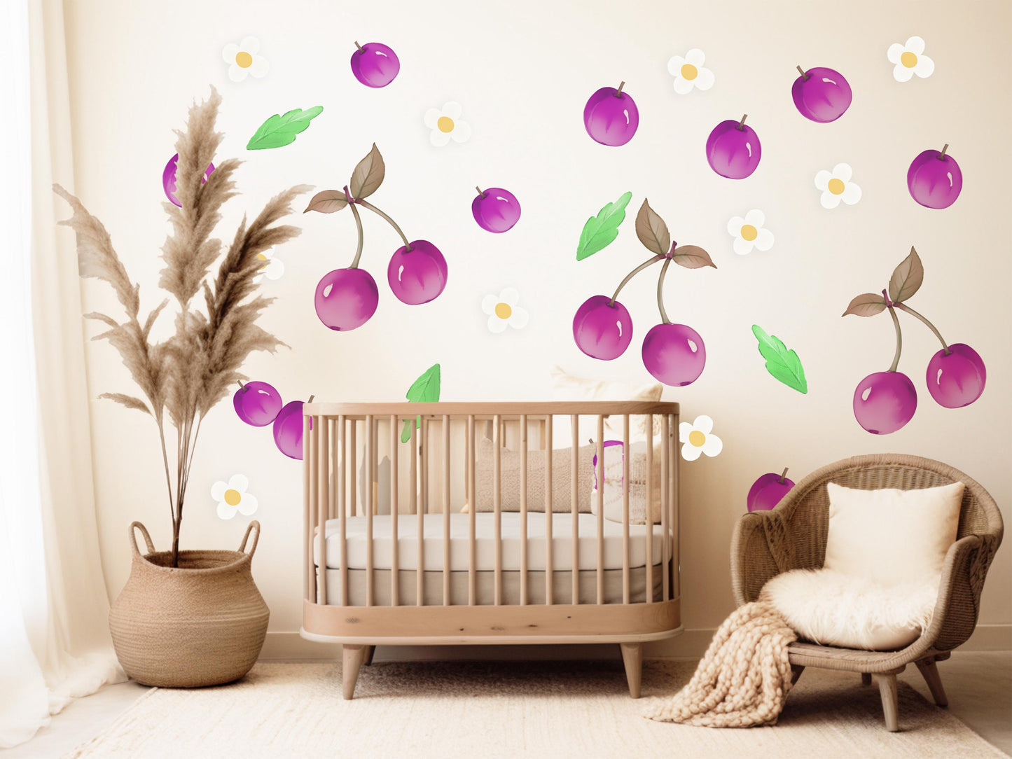 Cherry Wall Stickers, Girls Nursery Decor, Purple Cherry Daisy Fruit Wall Decals, Kids Bedroom Playroom Peel and Stick Wall Art