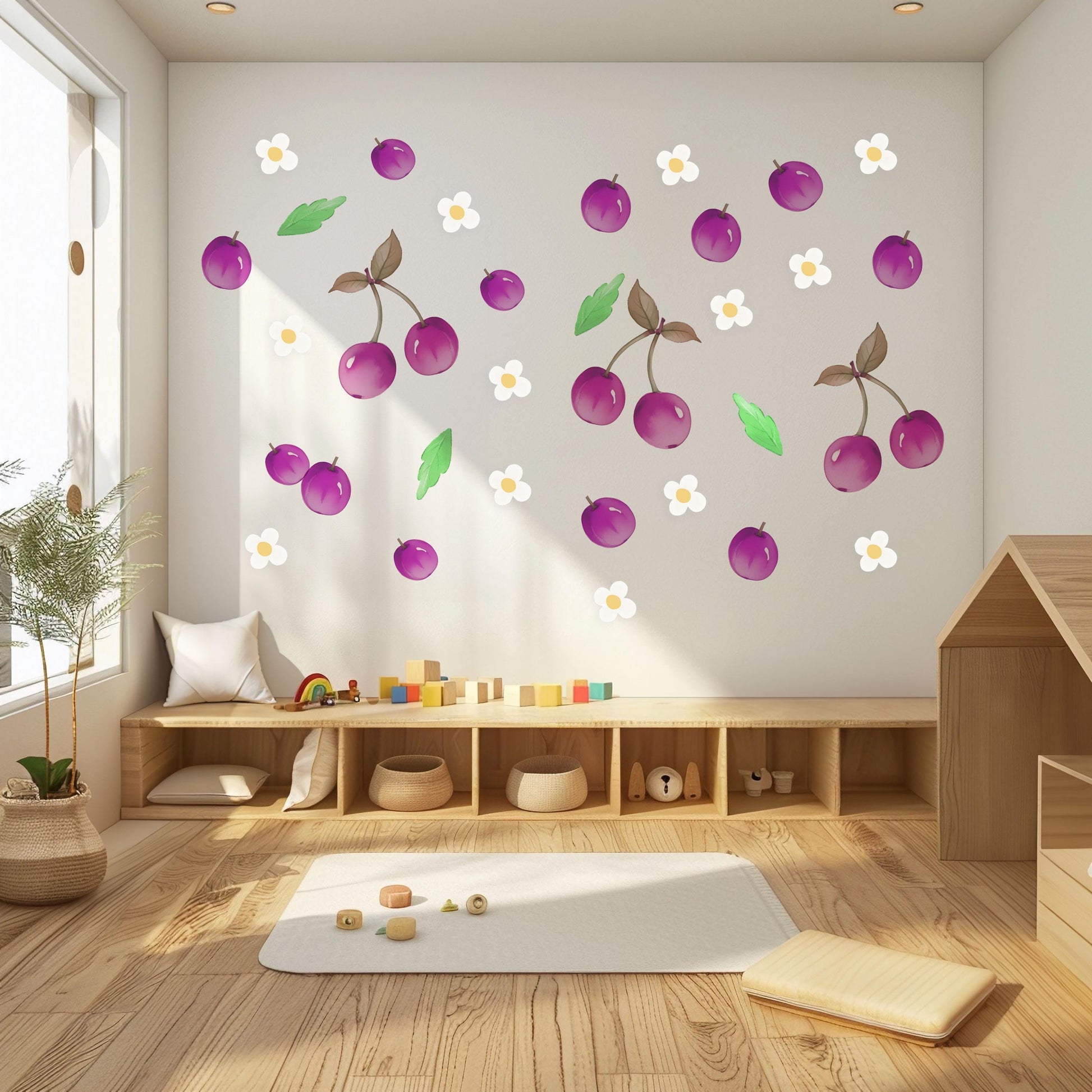 Cherry Wall Stickers, Girls Nursery Decor, Purple Cherry Daisy Fruit Wall Decals, Kids Bedroom Playroom Peel and Stick Wall Art