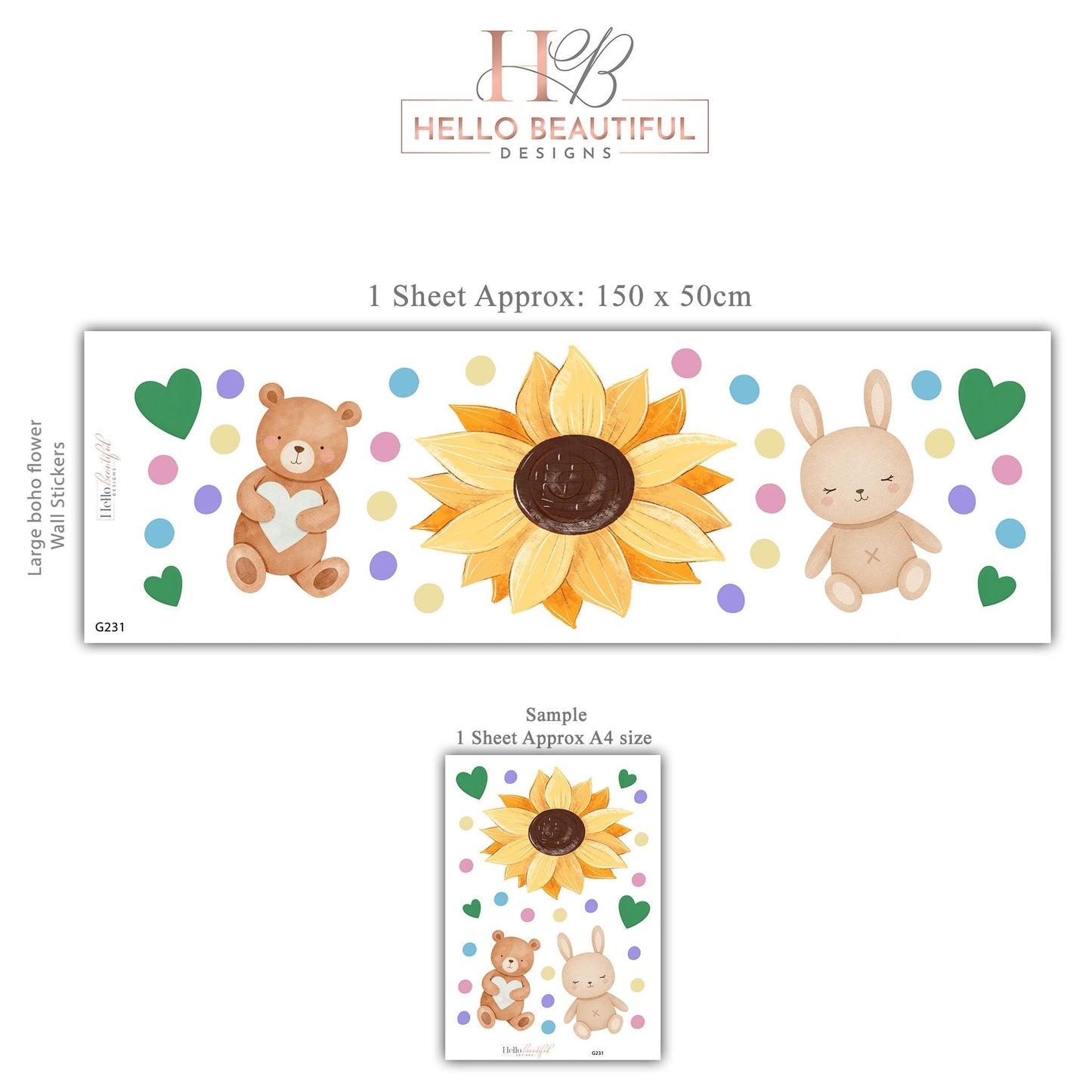 Sunflower Wall Stickers, Teddy Bear Bunny Nursery Decor, Neutral Boho Heart Wall Decals, Kids Room Baby Nursery Peel and Stick Art