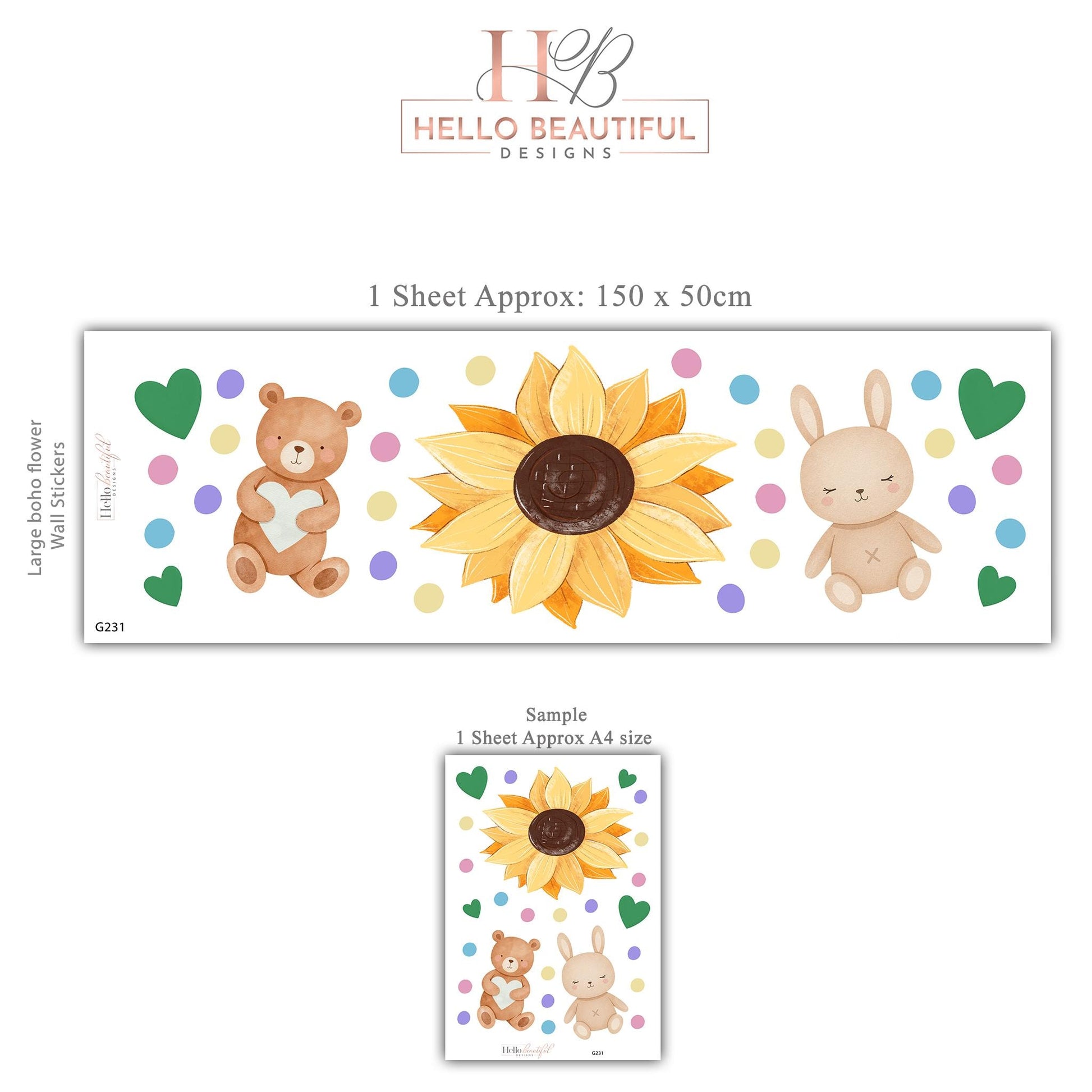 Sunflower Wall Stickers, Teddy Bear Bunny Nursery Decor, Neutral Boho Heart Wall Decals, Kids Room Baby Nursery Peel and Stick Art