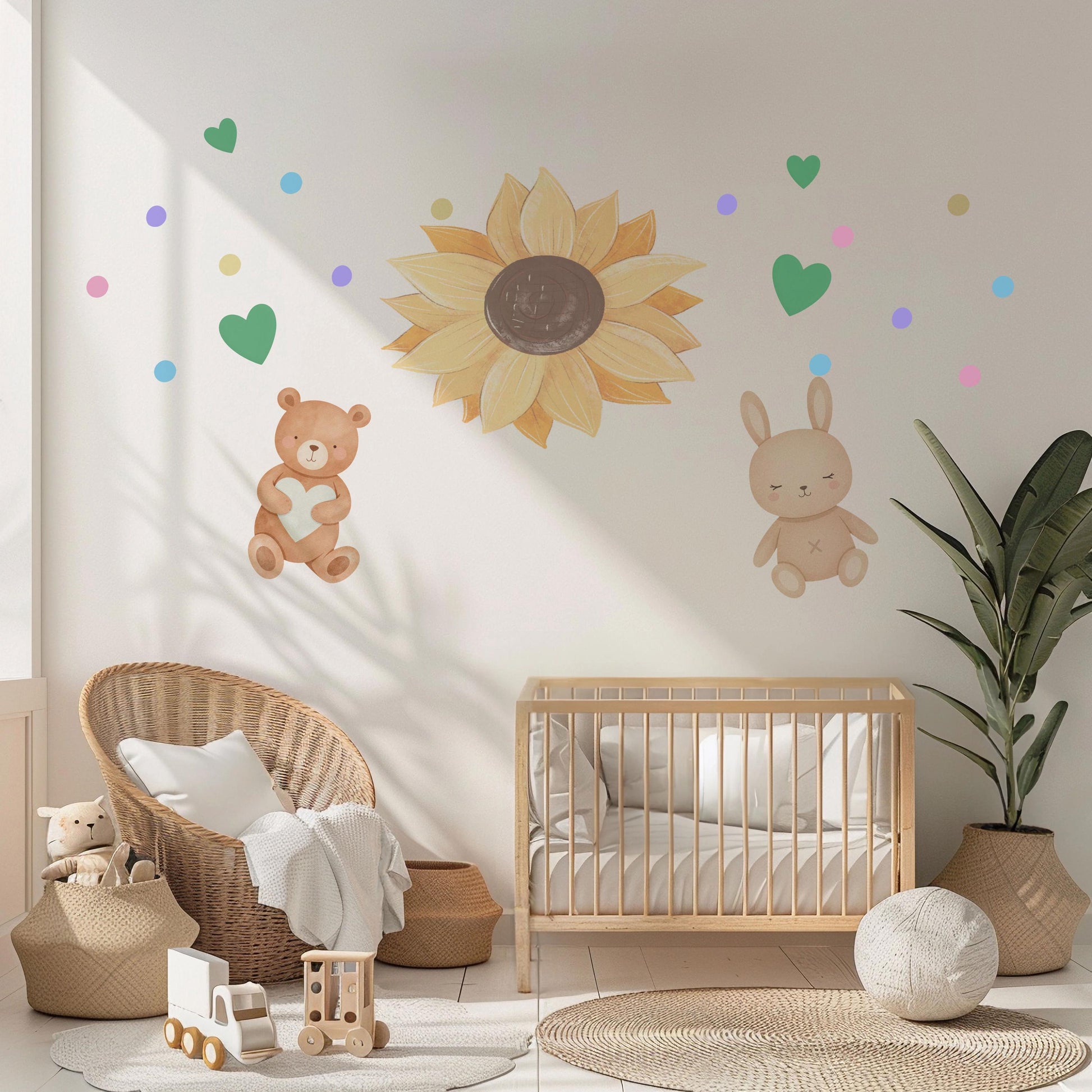 Sunflower Wall Stickers, Teddy Bear Bunny Nursery Decor, Neutral Boho Heart Wall Decals, Kids Room Baby Nursery Peel and Stick Art