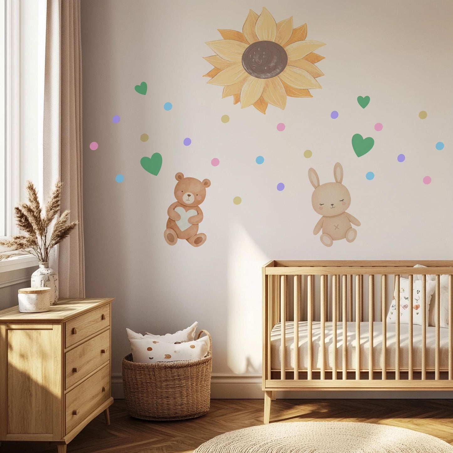 Sunflower Wall Stickers, Teddy Bear Bunny Nursery Decor, Neutral Boho Heart Wall Decals, Kids Room Baby Nursery Peel and Stick Art