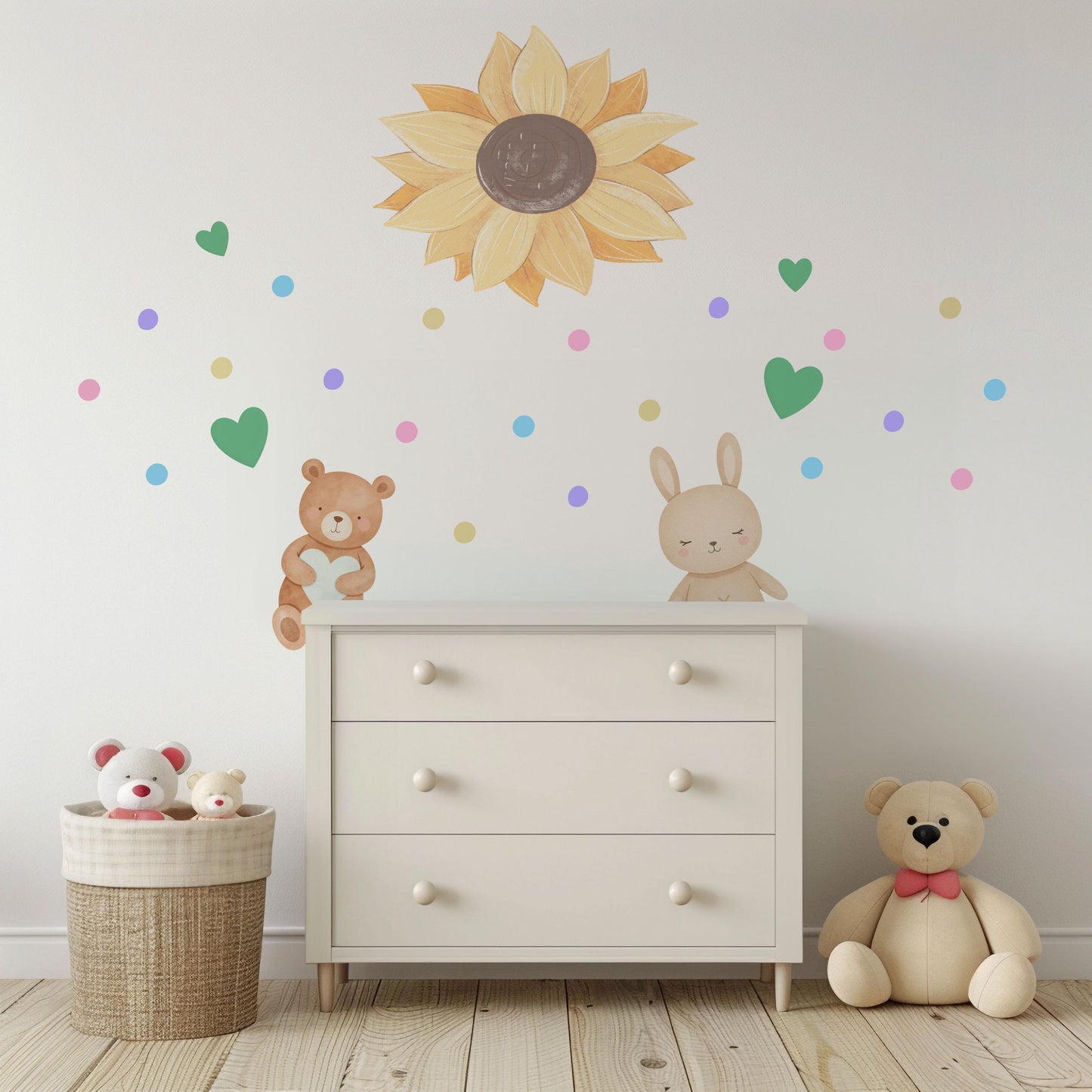 Sunflower Wall Stickers, Teddy Bear Bunny Nursery Decor, Neutral Boho Heart Wall Decals, Kids Room Baby Nursery Peel and Stick Art