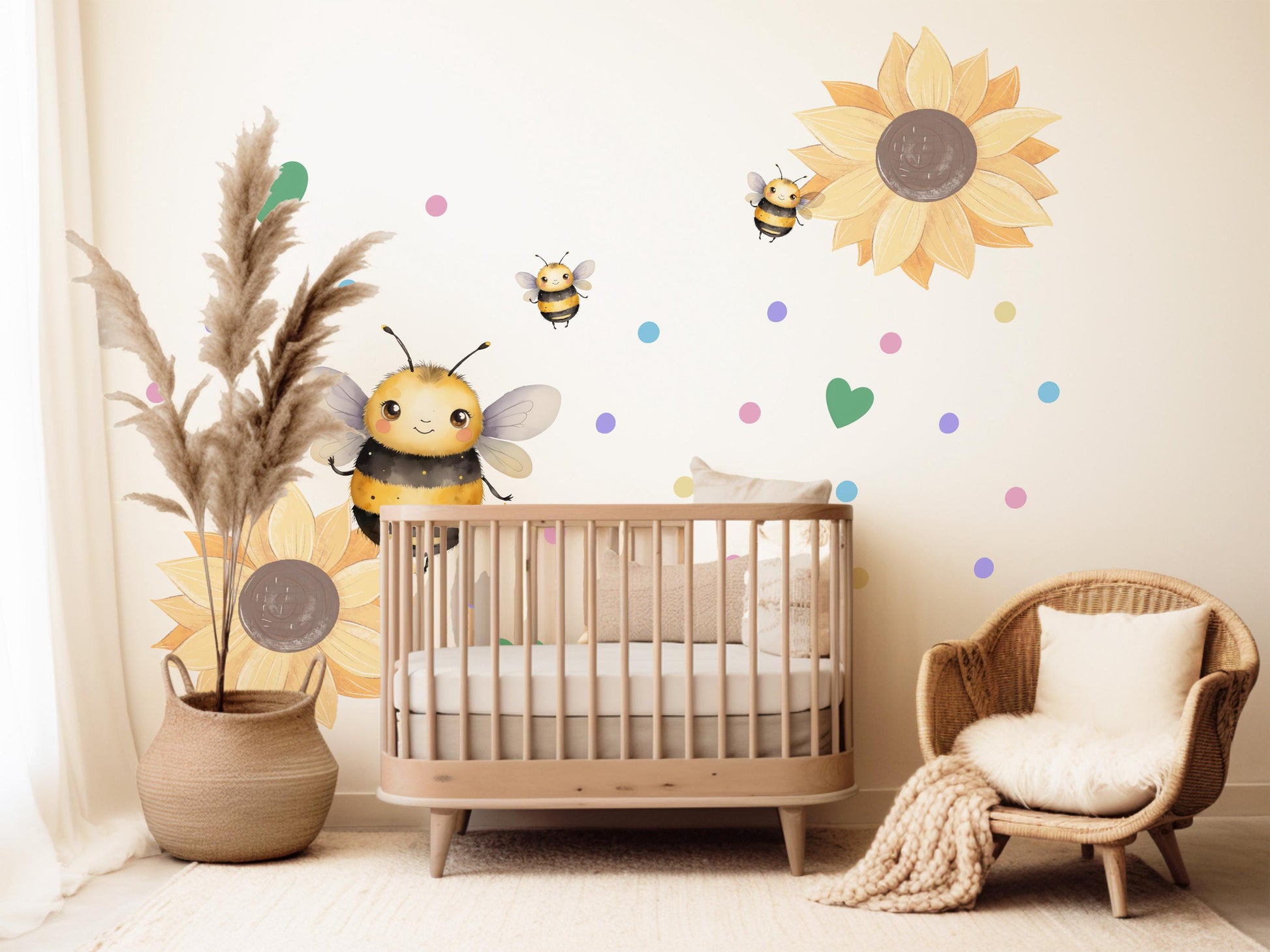 Bee Wall Stickers, Bee Nursery Decor, Bumble Bee Sunflower Heart Wall Decals, Neutral Kids Room Baby Nursery Peel and Stick Wall Art