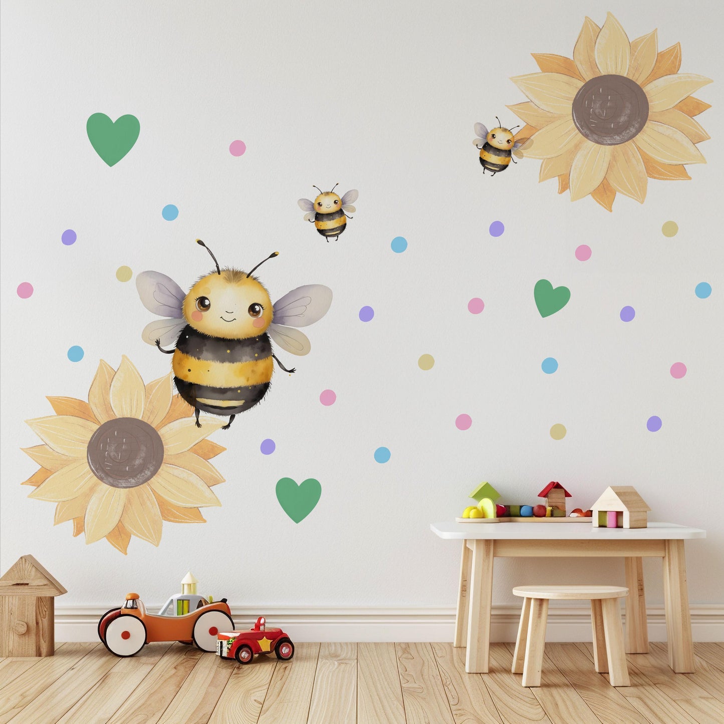 Bee Wall Stickers, Bee Nursery Decor, Bumble Bee Sunflower Heart Wall Decals, Neutral Kids Room Baby Nursery Peel and Stick Wall Art