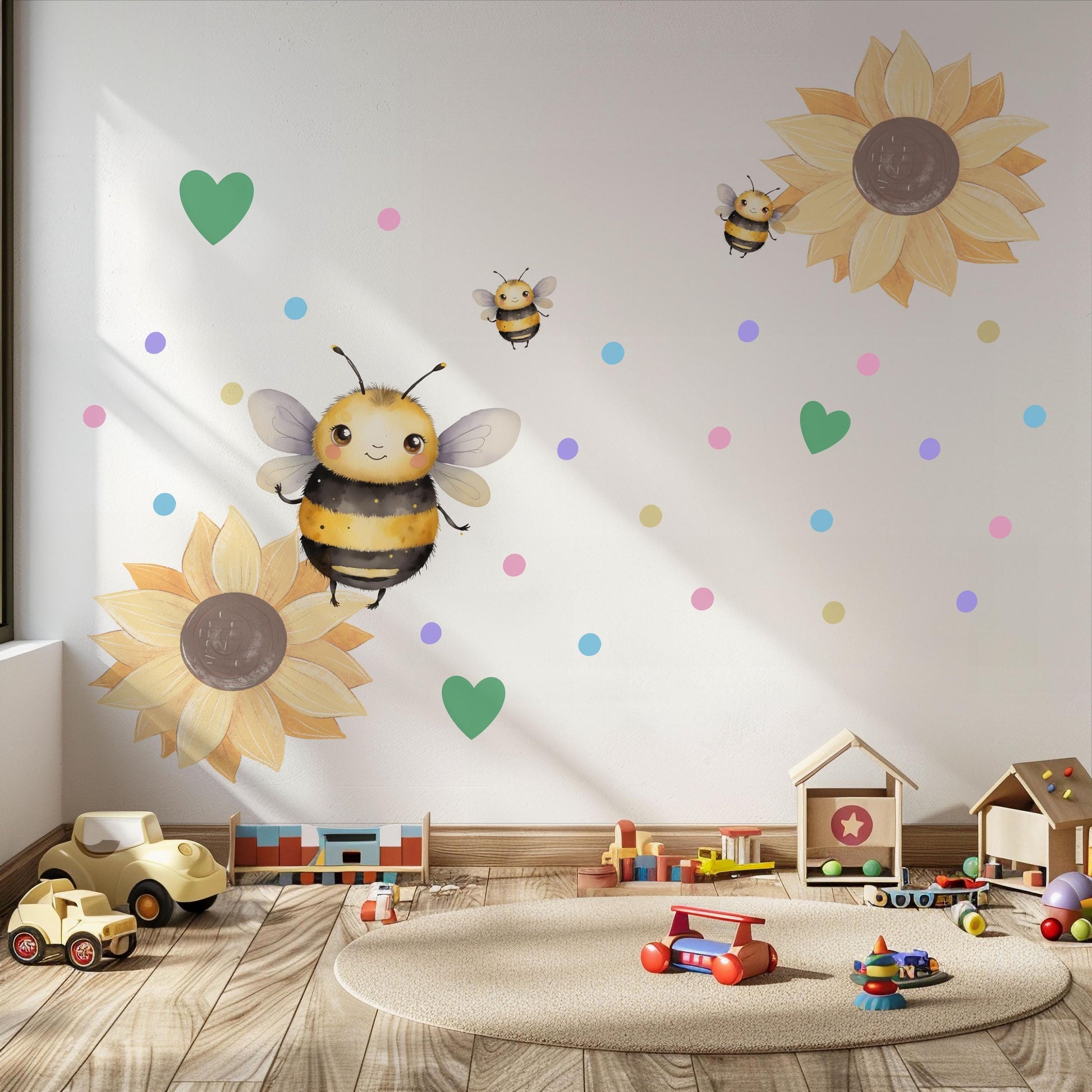 Bee Wall Stickers, Bee Nursery Decor, Bumble Bee Sunflower Heart Wall Decals, Neutral Kids Room Baby Nursery Peel and Stick Wall Art