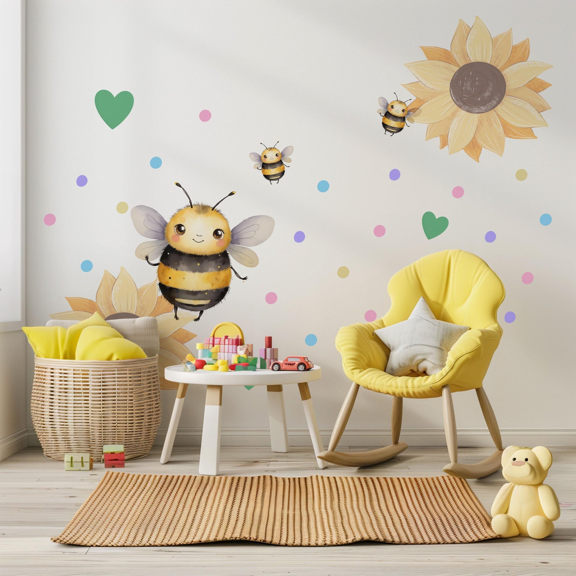 Bee Wall Stickers, Bee Nursery Decor, Bumble Bee Sunflower Heart Wall Decals, Neutral Kids Room Baby Nursery Peel and Stick Wall Art