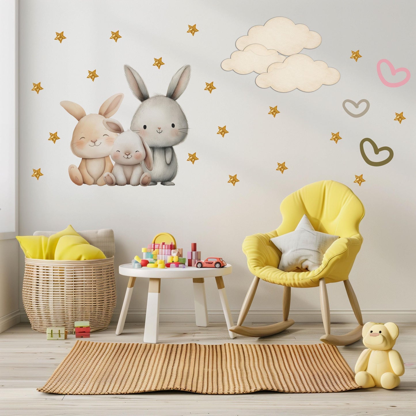 Bunny Wall Stickers, Bunny Nursery Decor, Neutral Bunny Family Star Cloud Wall Decals, Kids Room Baby Nursery Peel and Stick Art
