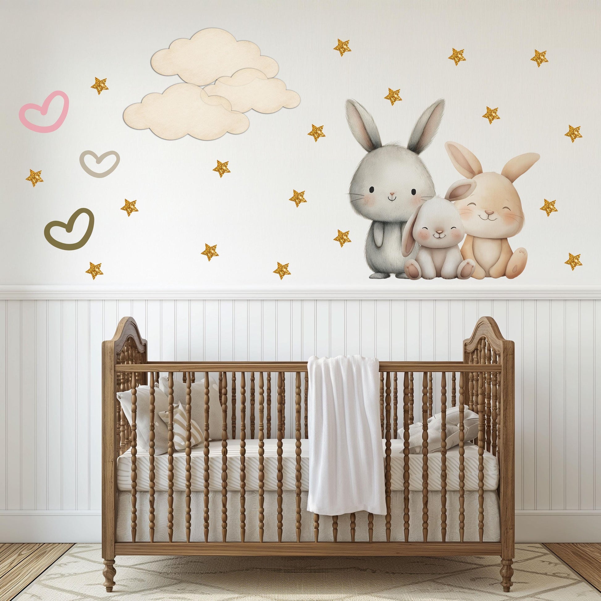 Bunny Wall Stickers, Bunny Nursery Decor, Neutral Bunny Family Star Cloud Wall Decals, Kids Room Baby Nursery Peel and Stick Art
