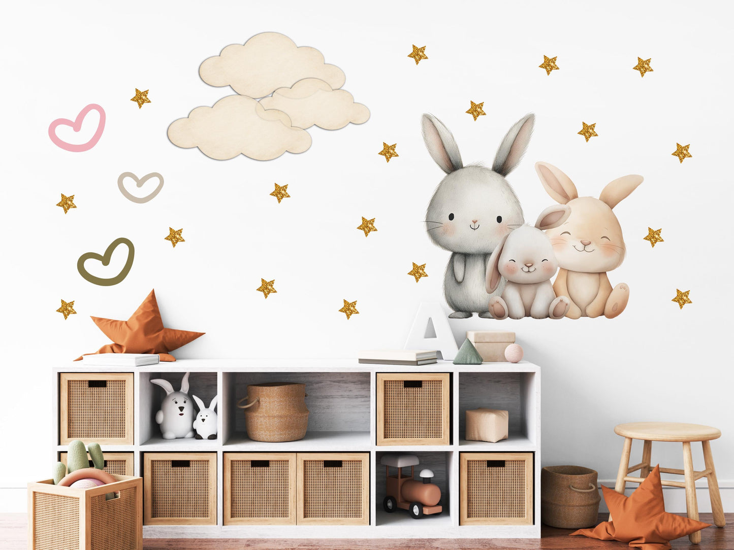 Bunny Wall Stickers, Bunny Nursery Decor, Neutral Bunny Family Star Cloud Wall Decals, Kids Room Baby Nursery Peel and Stick Art