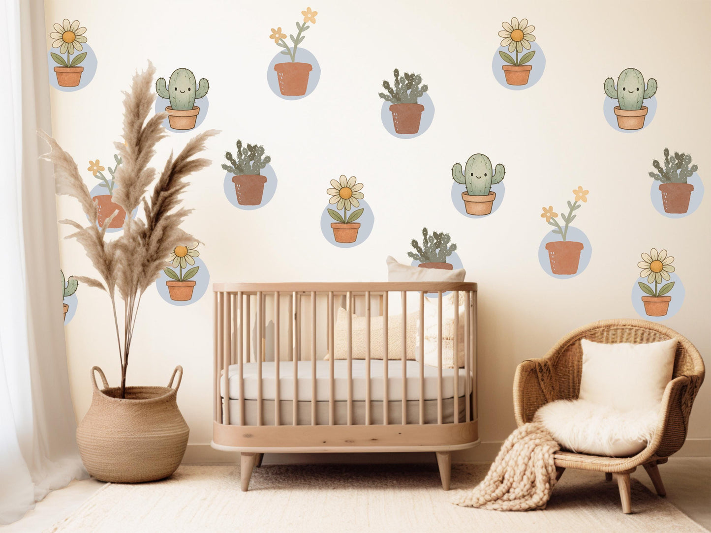 Cactus Wall Stickers, Boho Plant Nursery Decor, Succulent Daisy Wall Decals, Neutral Kids Room Baby Nursery Peel and Stick Wall Art