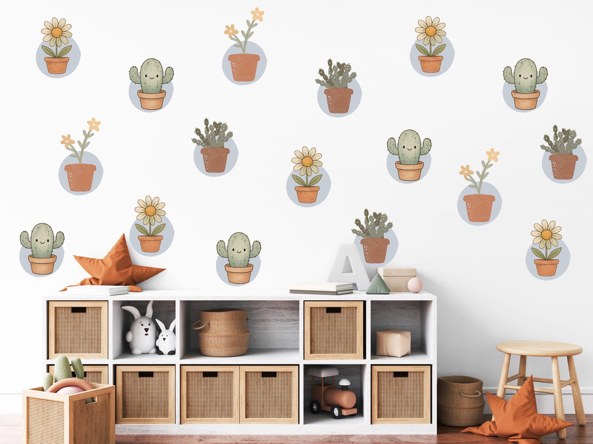 Cactus Wall Stickers, Boho Plant Nursery Decor, Succulent Daisy Wall Decals, Neutral Kids Room Baby Nursery Peel and Stick Wall Art