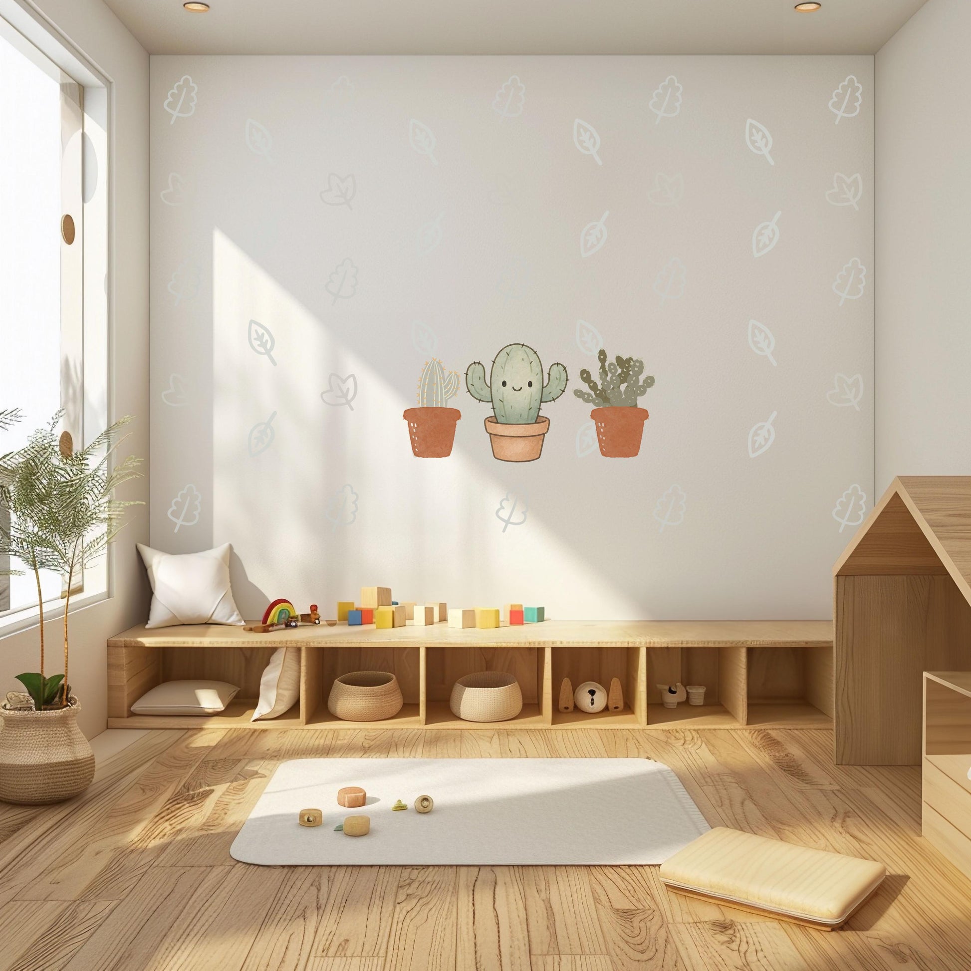 Botanical Wall Stickers, Boho Cactus Nursery Decor, Leaf Greenery Plant Wall Decals, Neutral Kids Room Baby Nursery Peel and Stick Wall Art