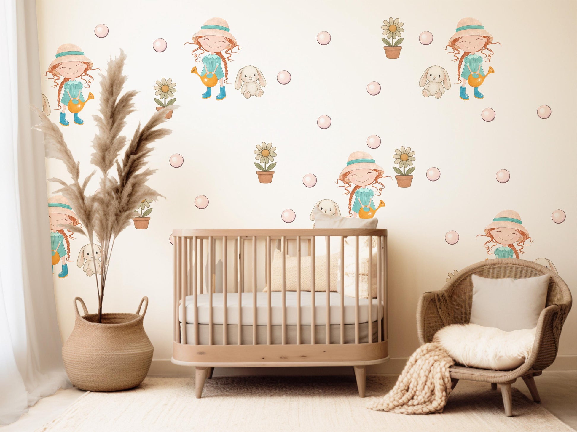 Girls Wall Stickers, Garden Nursery Decor, Little Gardener Girl Flower Bunny Wall Decals, Kids Bedroom Playroom Peel and Stick Wall Art