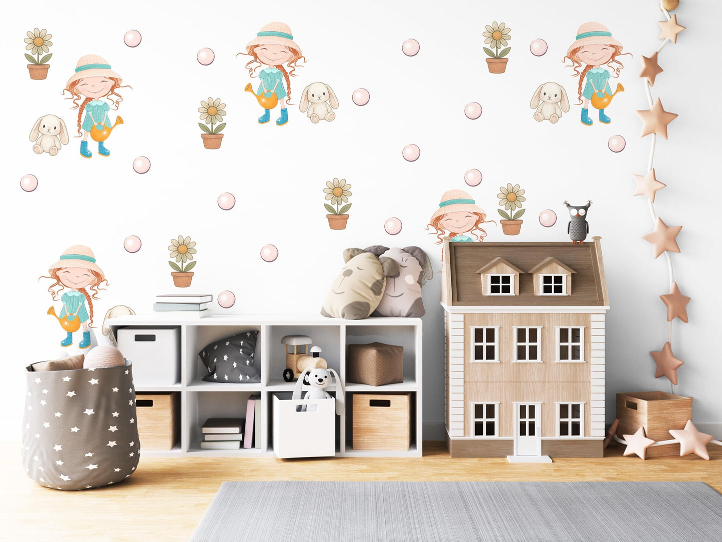 Girls Wall Stickers, Garden Nursery Decor, Little Gardener Girl Flower Bunny Wall Decals, Kids Bedroom Playroom Peel and Stick Wall Art