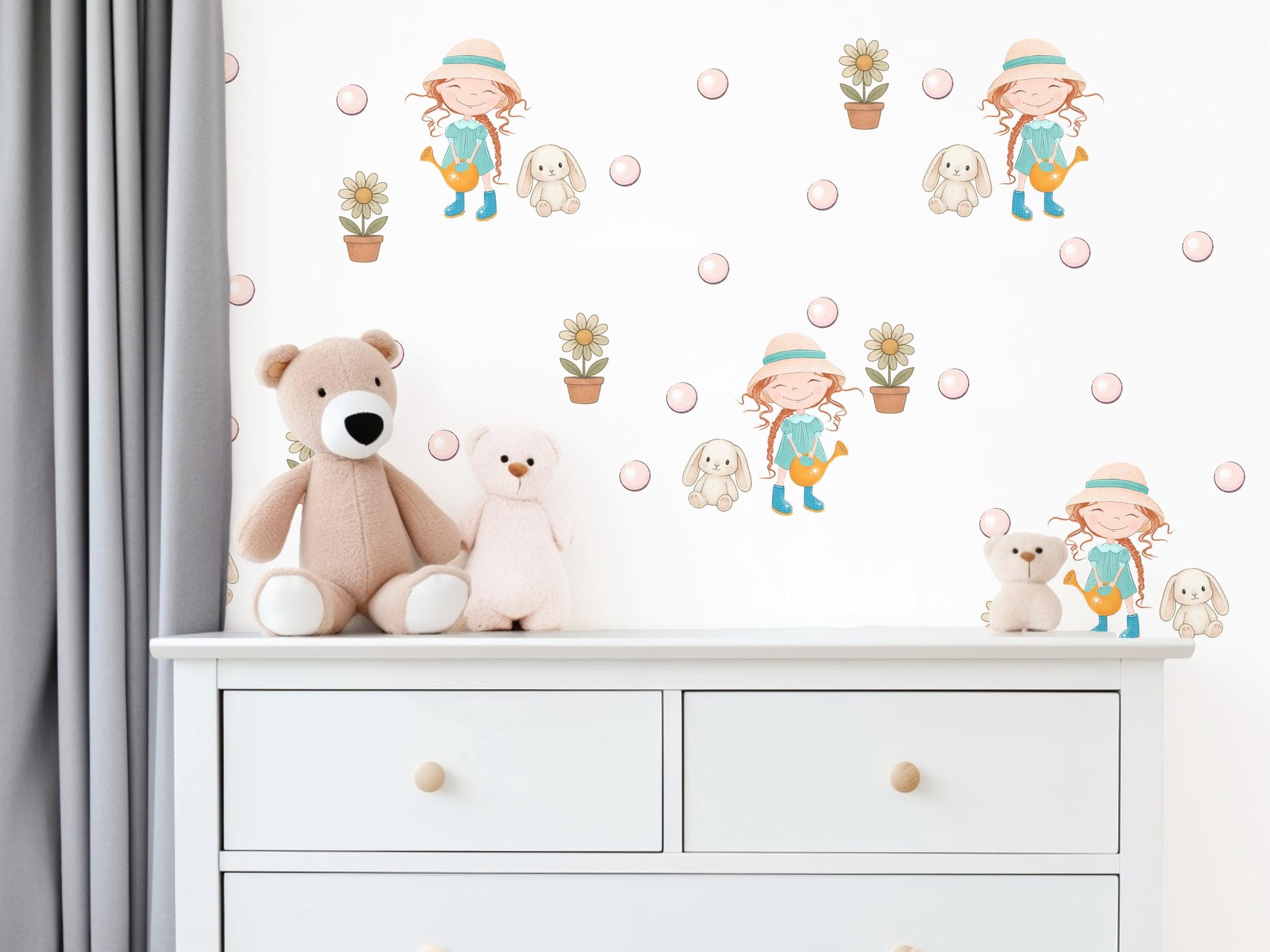 Girls Wall Stickers, Garden Nursery Decor, Little Gardener Girl Flower Bunny Wall Decals, Kids Bedroom Playroom Peel and Stick Wall Art