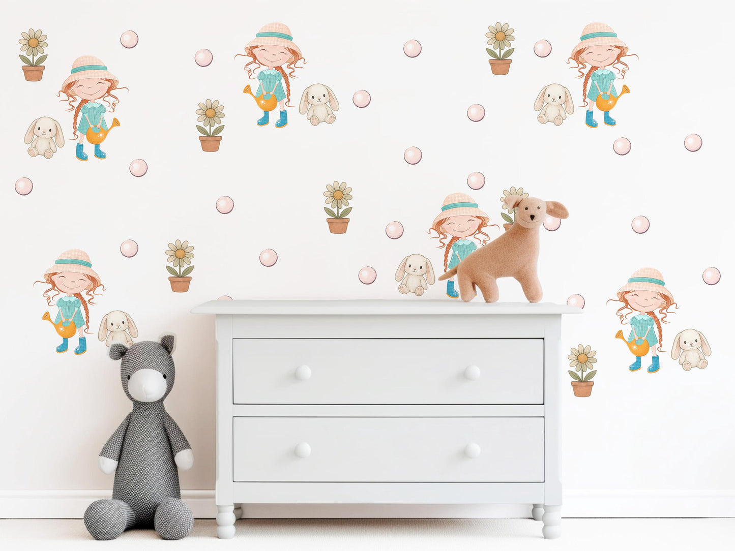 Girls Wall Stickers, Garden Nursery Decor, Little Gardener Girl Flower Bunny Wall Decals, Kids Bedroom Playroom Peel and Stick Wall Art