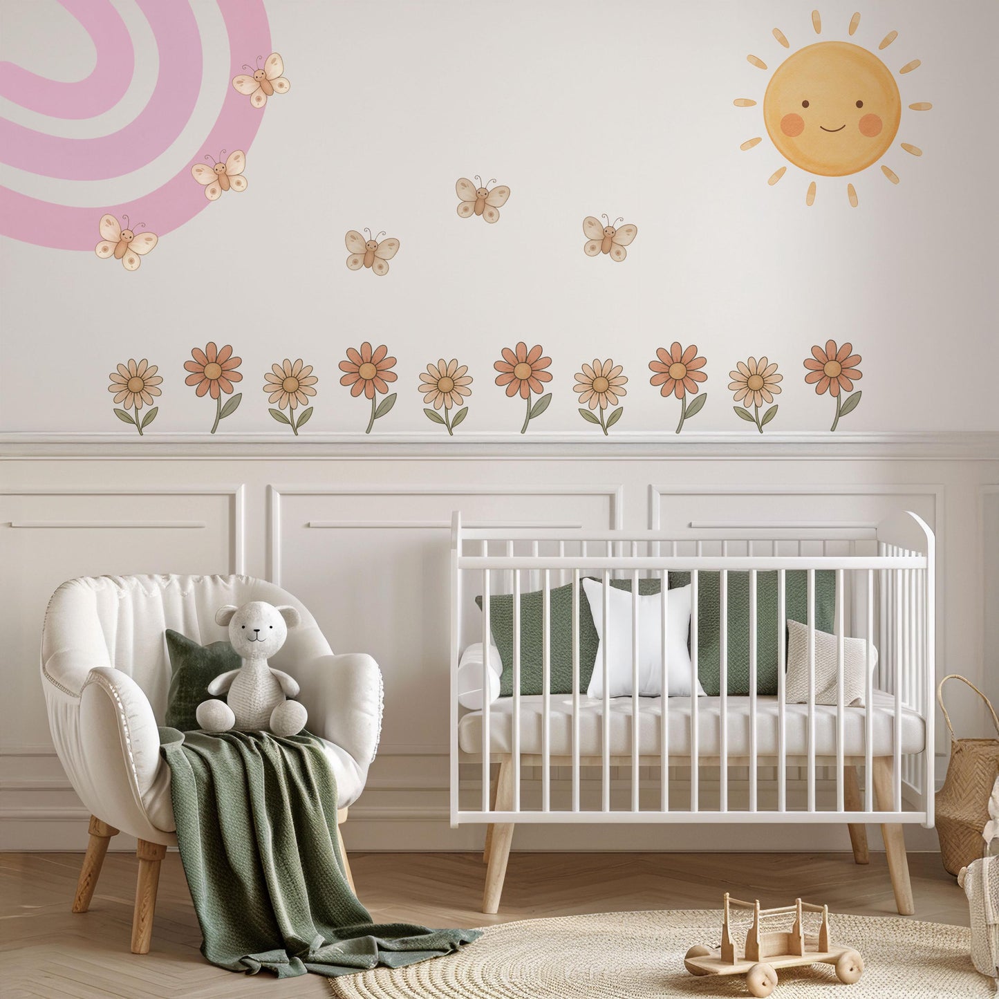 Rainbow Wall Stickers, Boho Rainbow Nursery Decor, Sun Daisy Butterfly Wall Decals, Kids Room Baby Girl Nursery Peel and Stick Wall Art