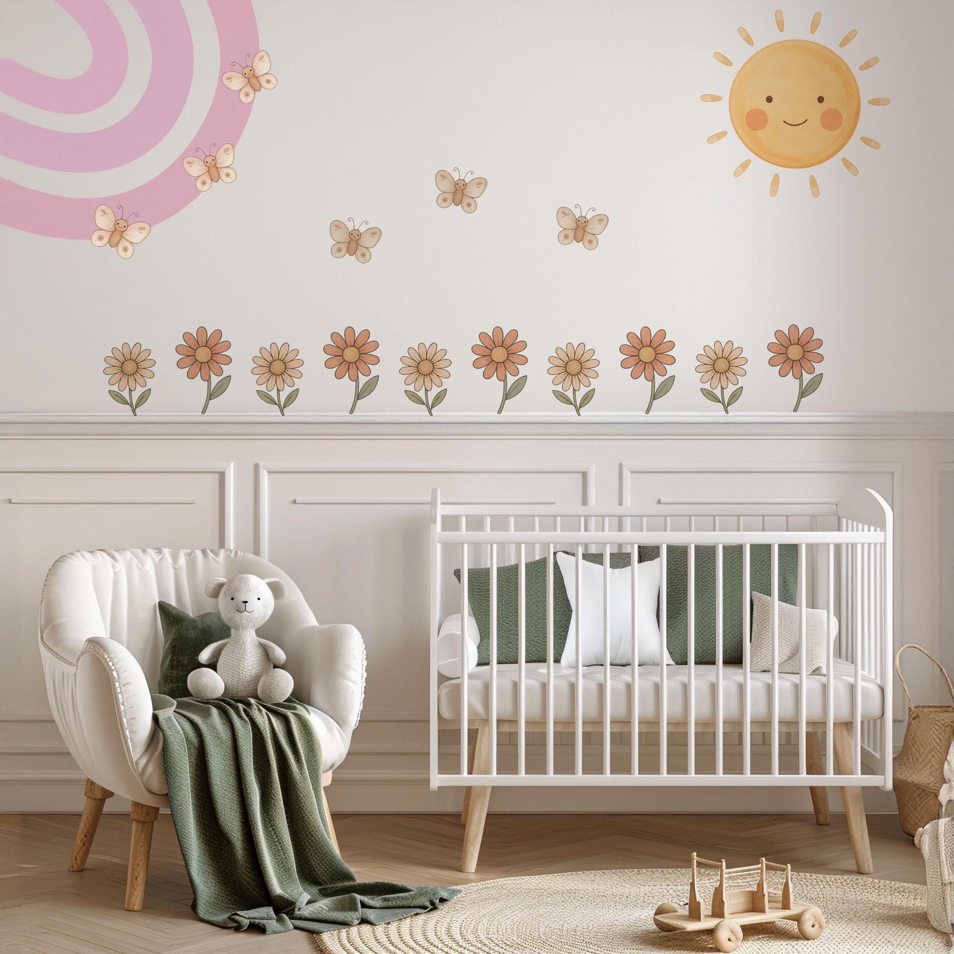 Rainbow Wall Stickers, Boho Rainbow Nursery Decor, Sun Daisy Butterfly Wall Decals, Kids Room Baby Girl Nursery Peel and Stick Wall Art
