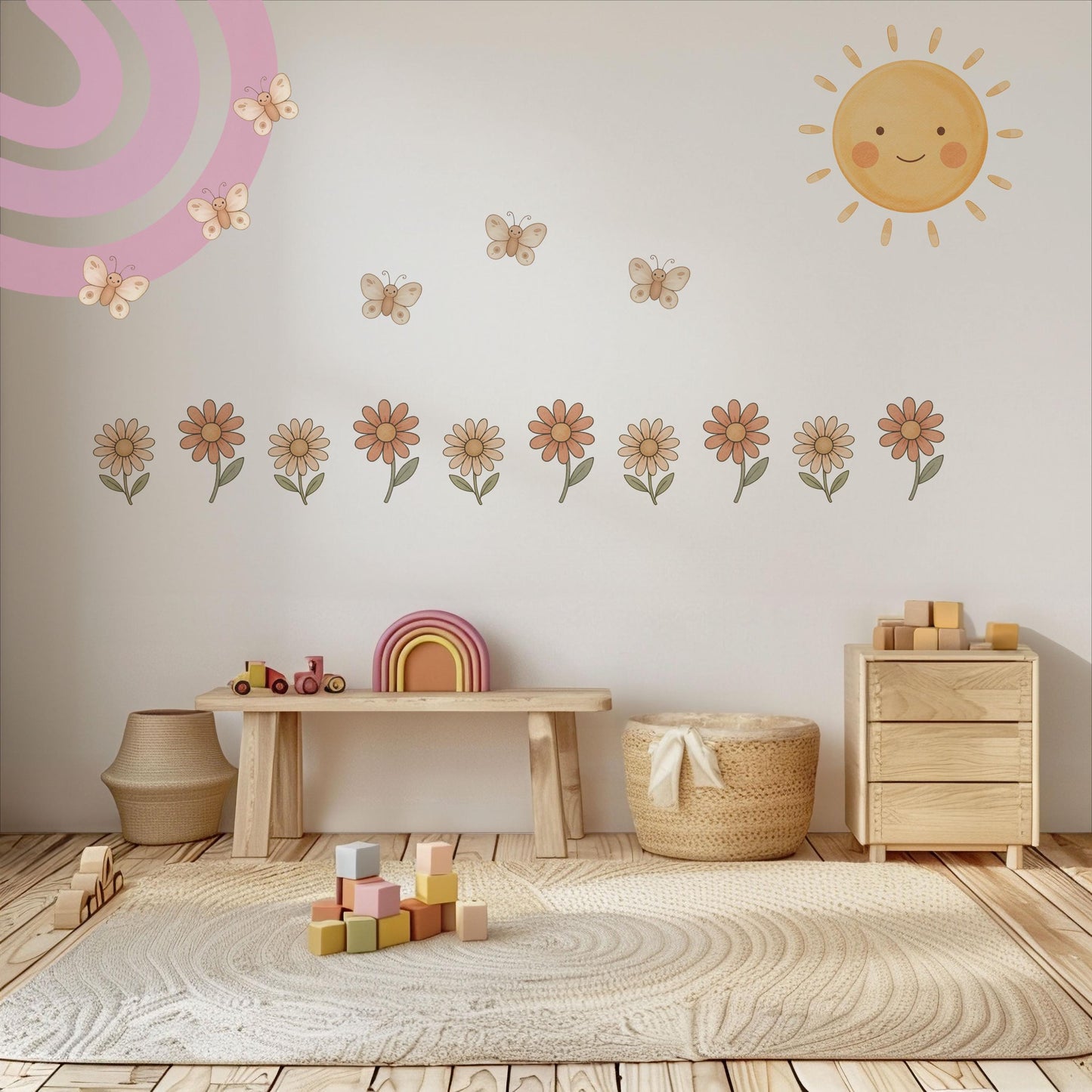 Rainbow Wall Stickers, Boho Rainbow Nursery Decor, Sun Daisy Butterfly Wall Decals, Kids Room Baby Girl Nursery Peel and Stick Wall Art