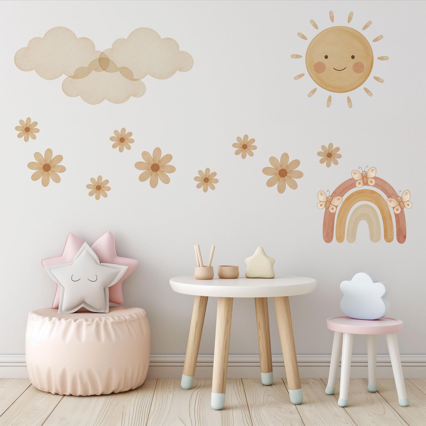Rainbow Wall Stickers, Boho Neutral Nursery Decor, Sun Cloud Daisy Butterfly Wall Decals, Gender Neutral Kids Room Peel and Stick Wall Art