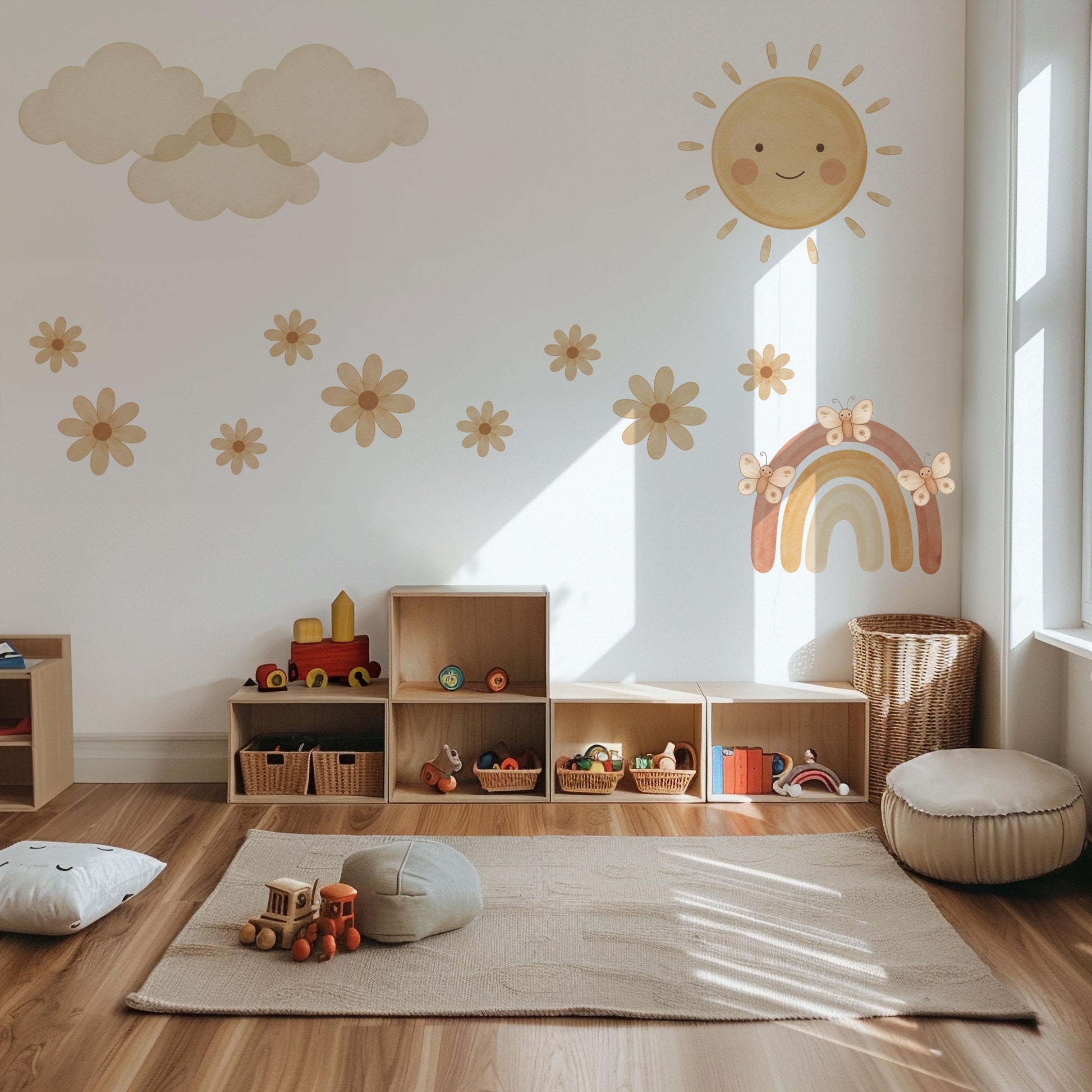 Rainbow Wall Stickers, Boho Neutral Nursery Decor, Sun Cloud Daisy Butterfly Wall Decals, Gender Neutral Kids Room Peel and Stick Wall Art