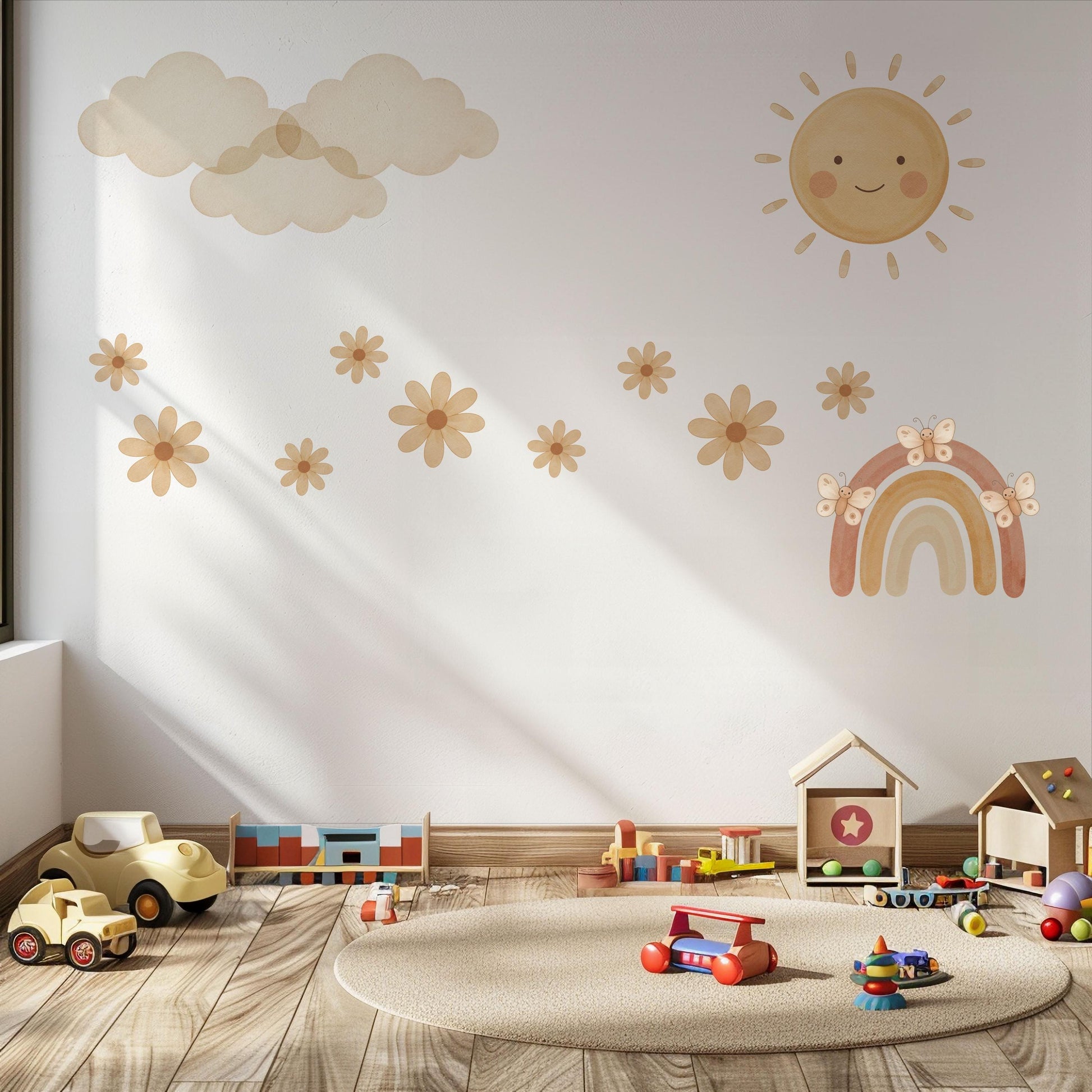 Rainbow Wall Stickers, Boho Neutral Nursery Decor, Sun Cloud Daisy Butterfly Wall Decals, Gender Neutral Kids Room Peel and Stick Wall Art