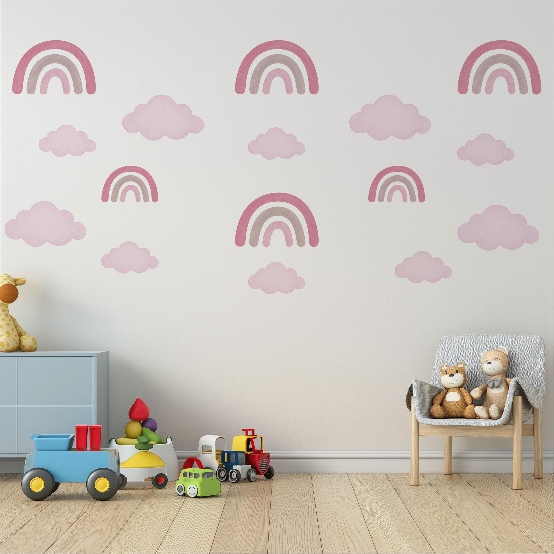 Rainbow Wall Stickers, Girls Nursery Decor, Pink Rainbow and Cloud Wall Decals, Baby Girl Kids Bedroom Playroom Peel and Stick Wall Art